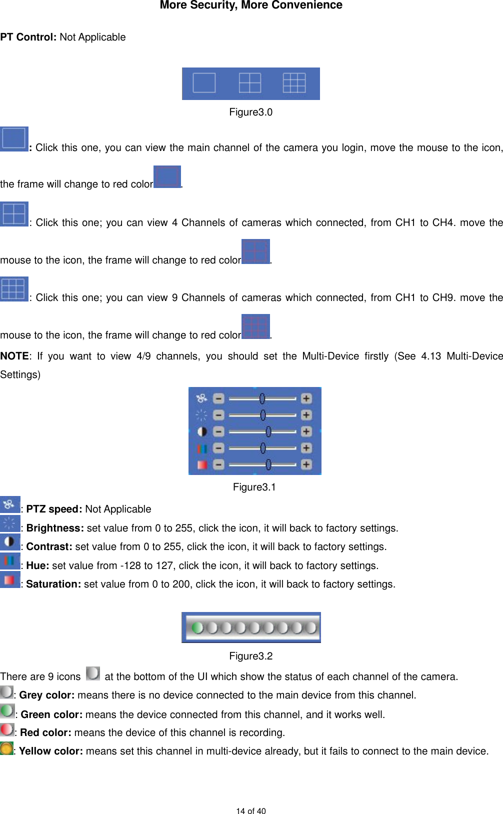 More Security, More Convenience14 of 40PT Control: Not ApplicableFigure3.0:Click this one, you can view the main channel of the camera you login, move the mouse to the icon,the frame will change to red color .: Click this one; you can view 4 Channels of cameras which connected, from CH1 to CH4. move themouse to the icon, the frame will change to red color .: Click this one; you can view 9 Channels of cameras which connected, from CH1 to CH9. move themouse to the icon, the frame will change to red color .NOTE: If you want to view 4/9 channels, you should set the Multi-Device firstly (See 4.13 Multi-DeviceSettings)Figure3.1:PTZ speed: Not Applicable:Brightness: set value from 0 to 255, click the icon, it will back to factory settings.:Contrast: set value from 0 to 255, click the icon, it will back to factory settings.:Hue: set value from -128 to 127, click the icon, it will back to factory settings.:Saturation: set value from 0 to 200, click the icon, it will back to factory settings.Figure3.2There are 9 icons at the bottom of the UI which show the status of each channel of the camera.:Grey color: means there is no device connected to the main device from this channel.:Green color: means the device connected from this channel, and it works well.:Red color: means the device of this channel is recording.:Yellow color: means set this channel in multi-device already, but it fails to connect to the main device.