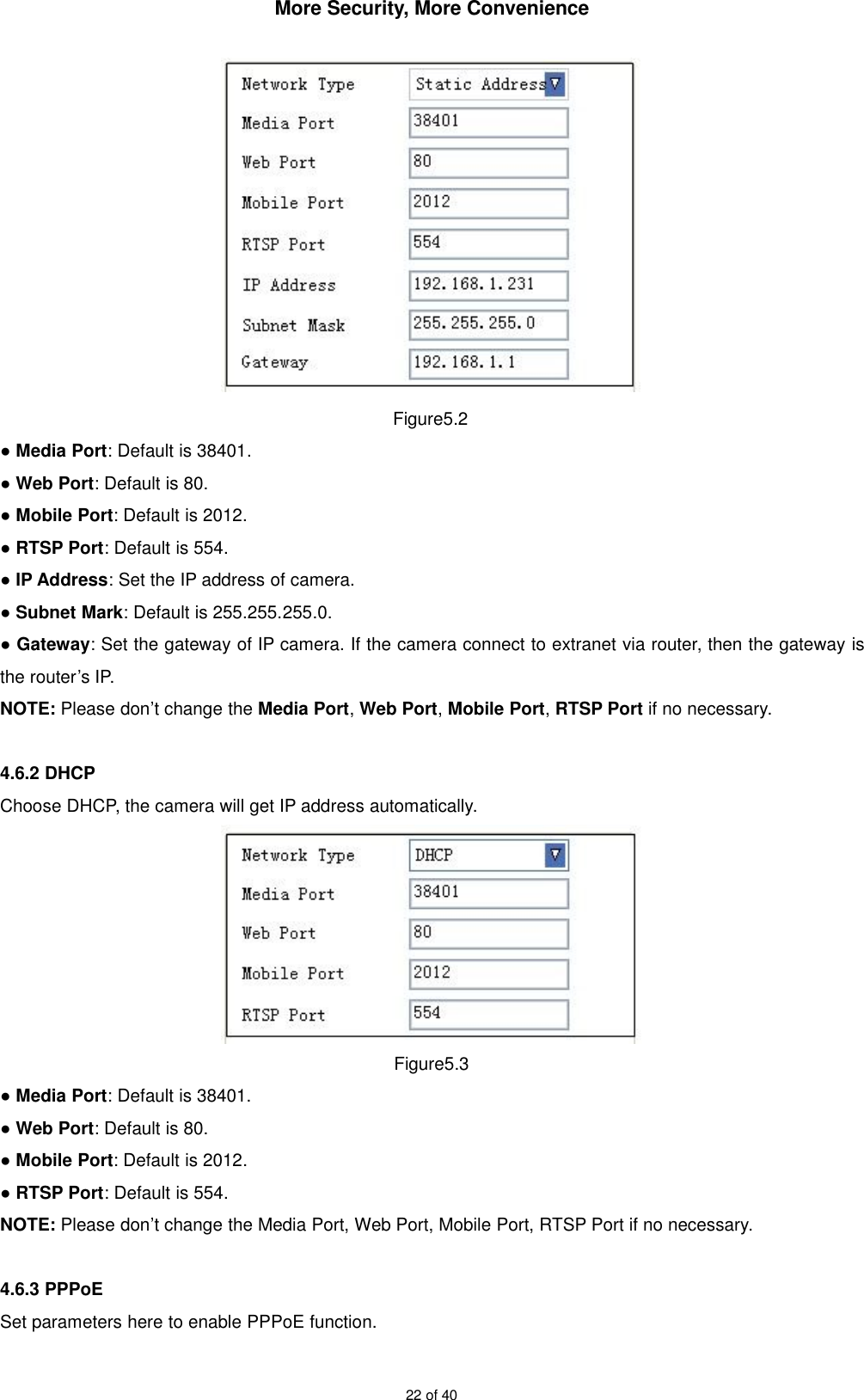 More Security, More Convenience22 of 40Figure5.2●Media Port: Default is 38401.●Web Port: Default is 80.●Mobile Port: Default is 2012.●RTSP Port: Default is 554.●IP Address: Set the IP address of camera.●Subnet Mark: Default is 255.255.255.0.●Gateway: Set the gateway of IP camera. If the camera connect to extranet via router, then the gateway isthe router’s IP.NOTE: Please don’t change the Media Port,Web Port,Mobile Port,RTSP Port if no necessary.4.6.2 DHCPChoose DHCP, the camera will get IP address automatically.Figure5.3●Media Port: Default is 38401.●Web Port: Default is 80.●Mobile Port: Default is 2012.●RTSP Port: Default is 554.NOTE: Please don’t change the Media Port, Web Port, Mobile Port, RTSP Port if no necessary.4.6.3 PPPoESet parameters here to enable PPPoE function.