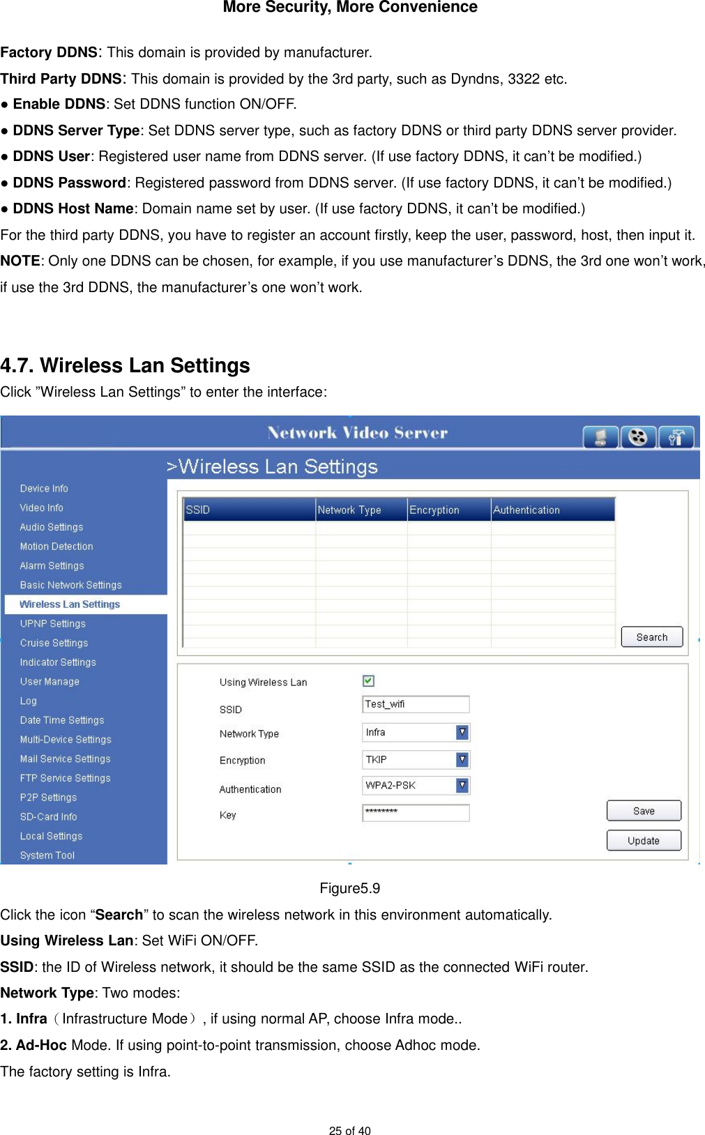 More Security, More Convenience25 of 40Factory DDNS:This domain is provided by manufacturer.Third Party DDNS:This domain is provided by the 3rd party, such as Dyndns, 3322 etc.●Enable DDNS: Set DDNS function ON/OFF.●DDNS Server Type: Set DDNS server type, such as factory DDNS or third party DDNS server provider.●DDNS User: Registered user name from DDNS server. (If use factory DDNS, it can’t be modified.)●DDNS Password: Registered password from DDNS server. (If use factory DDNS, it can’t be modified.)●DDNS Host Name: Domain name set by user. (If use factory DDNS, it can’t be modified.)For the third party DDNS, you have to register an account firstly, keep the user, password, host, then input it.NOTE: Only one DDNS can be chosen, for example, if you use manufacturer’s DDNS, the 3rd one won’t work,if use the 3rd DDNS, the manufacturer’s one won’t work.4.7. Wireless Lan SettingsClick ”Wireless Lan Settings” to enter the interface:Figure5.9Click the icon “Search” to scan the wireless network in this environment automatically.Using Wireless Lan: Set WiFi ON/OFF.SSID: the ID of Wireless network, it should be the same SSID as the connected WiFi router.Network Type: Two modes:1. Infra（Infrastructure Mode）, if using normal AP, choose Infra mode..2. Ad-Hoc Mode. If using point-to-point transmission, choose Adhoc mode.The factory setting is Infra.