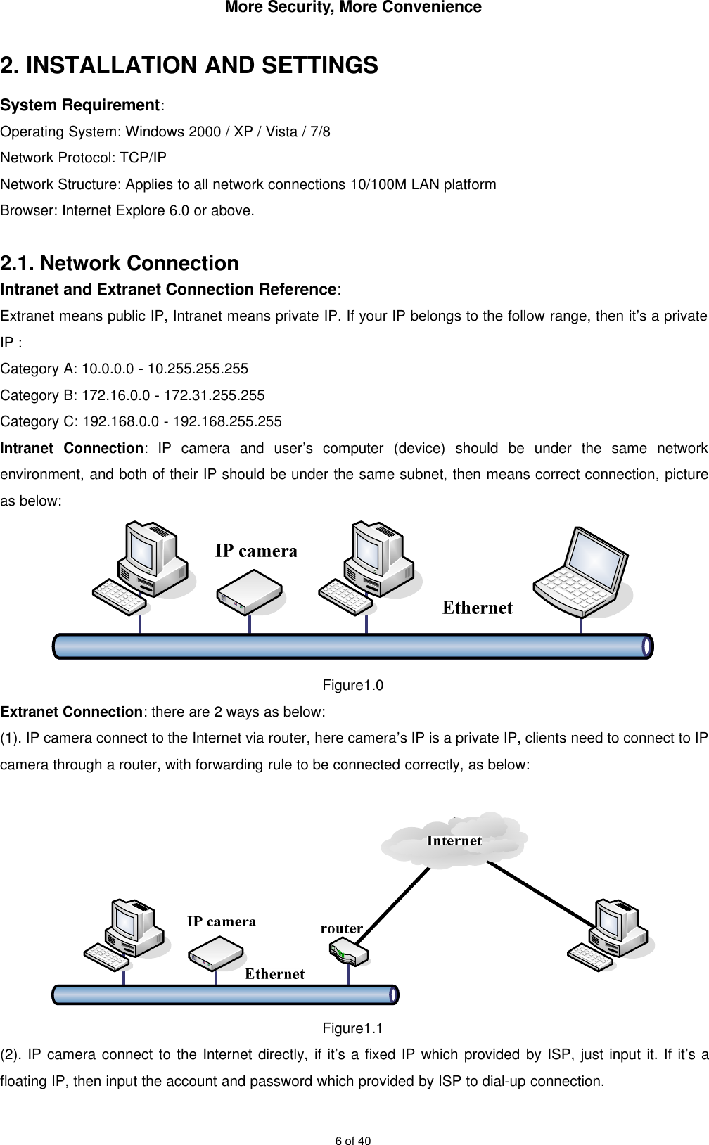 More Security, More Convenience6 of 402. INSTALLATION AND SETTINGSSystem Requirement:Operating System: Windows 2000 / XP / Vista / 7/8Network Protocol: TCP/IPNetwork Structure: Applies to all network connections 10/100M LAN platformBrowser: Internet Explore 6.0 or above.2.1. Network ConnectionIntranet and Extranet Connection Reference:Extranet means public IP, Intranet means private IP. If your IP belongs to the follow range, then it’s a privateIP :Category A: 10.0.0.0 - 10.255.255.255Category B: 172.16.0.0 - 172.31.255.255Category C: 192.168.0.0 - 192.168.255.255Intranet Connection: IP camera and user’s computer (device) should be under the same networkenvironment, and both of their IP should be under the same subnet, then means correct connection, pictureas below:Figure1.0Extranet Connection: there are 2 ways as below:(1). IP camera connect to the Internet via router, here camera’s IP is a private IP, clients need to connect to IPcamera through a router, with forwarding rule to be connected correctly, as below:Figure1.1(2). IP camera connect to the Internet directly, if it’s a fixed IP which provided by ISP, just input it. If it’s afloating IP, then input the account and password which provided by ISP to dial-up connection.