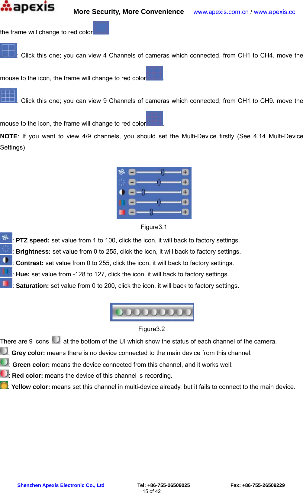      More Security, More Convenience   www.apexis.com.cn / www.apexis.cc  Shenzhen Apexis Electronic Co., Ltd             Tel: +86-755-26509025                Fax: +86-755-26509229 15 of 42 the frame will change to red color . : Click this one; you can view 4 Channels of cameras which connected, from CH1 to CH4. move the mouse to the icon, the frame will change to red color . : Click this one; you can view 9 Channels of cameras which connected, from CH1 to CH9. move the mouse to the icon, the frame will change to red color . NOTE: If you want to view 4/9 channels, you should set the Multi-Device firstly (See 4.14 Multi-Device Settings)   Figure3.1 : PTZ speed: set value from 1 to 100, click the icon, it will back to factory settings. : Brightness: set value from 0 to 255, click the icon, it will back to factory settings. : Contrast: set value from 0 to 255, click the icon, it will back to factory settings. : Hue: set value from -128 to 127, click the icon, it will back to factory settings. : Saturation: set value from 0 to 200, click the icon, it will back to factory settings.   Figure3.2 There are 9 icons    at the bottom of the UI which show the status of each channel of the camera.   : Grey color: means there is no device connected to the main device from this channel. : Green color: means the device connected from this channel, and it works well. : Red color: means the device of this channel is recording. : Yellow color: means set this channel in multi-device already, but it fails to connect to the main device.  