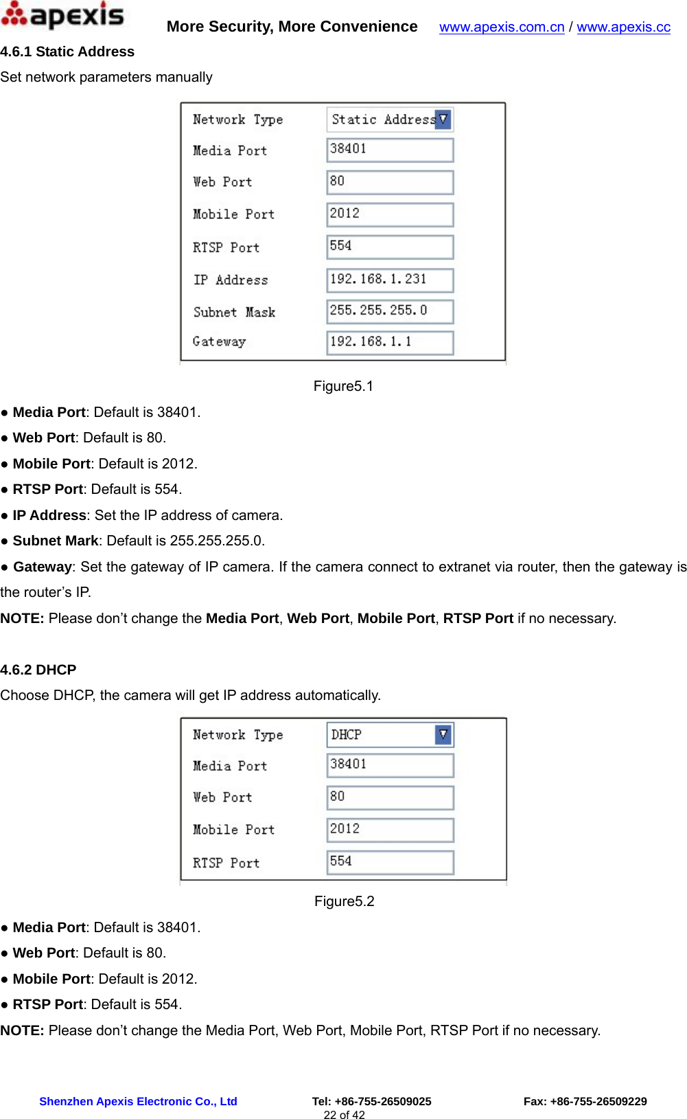      More Security, More Convenience   www.apexis.com.cn / www.apexis.cc  Shenzhen Apexis Electronic Co., Ltd             Tel: +86-755-26509025                Fax: +86-755-26509229 22 of 42 4.6.1 Static Address Set network parameters manually  Figure5.1 ● Media Port: Default is 38401.   ● Web Port: Default is 80. ● Mobile Port: Default is 2012. ● RTSP Port: Default is 554. ● IP Address: Set the IP address of camera.   ● Subnet Mark: Default is 255.255.255.0. ● Gateway: Set the gateway of IP camera. If the camera connect to extranet via router, then the gateway is the router’s IP. NOTE: Please don’t change the Media Port, Web Port, Mobile Port, RTSP Port if no necessary.  4.6.2 DHCP  Choose DHCP, the camera will get IP address automatically.  Figure5.2 ● Media Port: Default is 38401.   ● Web Port: Default is 80. ● Mobile Port: Default is 2012. ● RTSP Port: Default is 554. NOTE: Please don’t change the Media Port, Web Port, Mobile Port, RTSP Port if no necessary.  