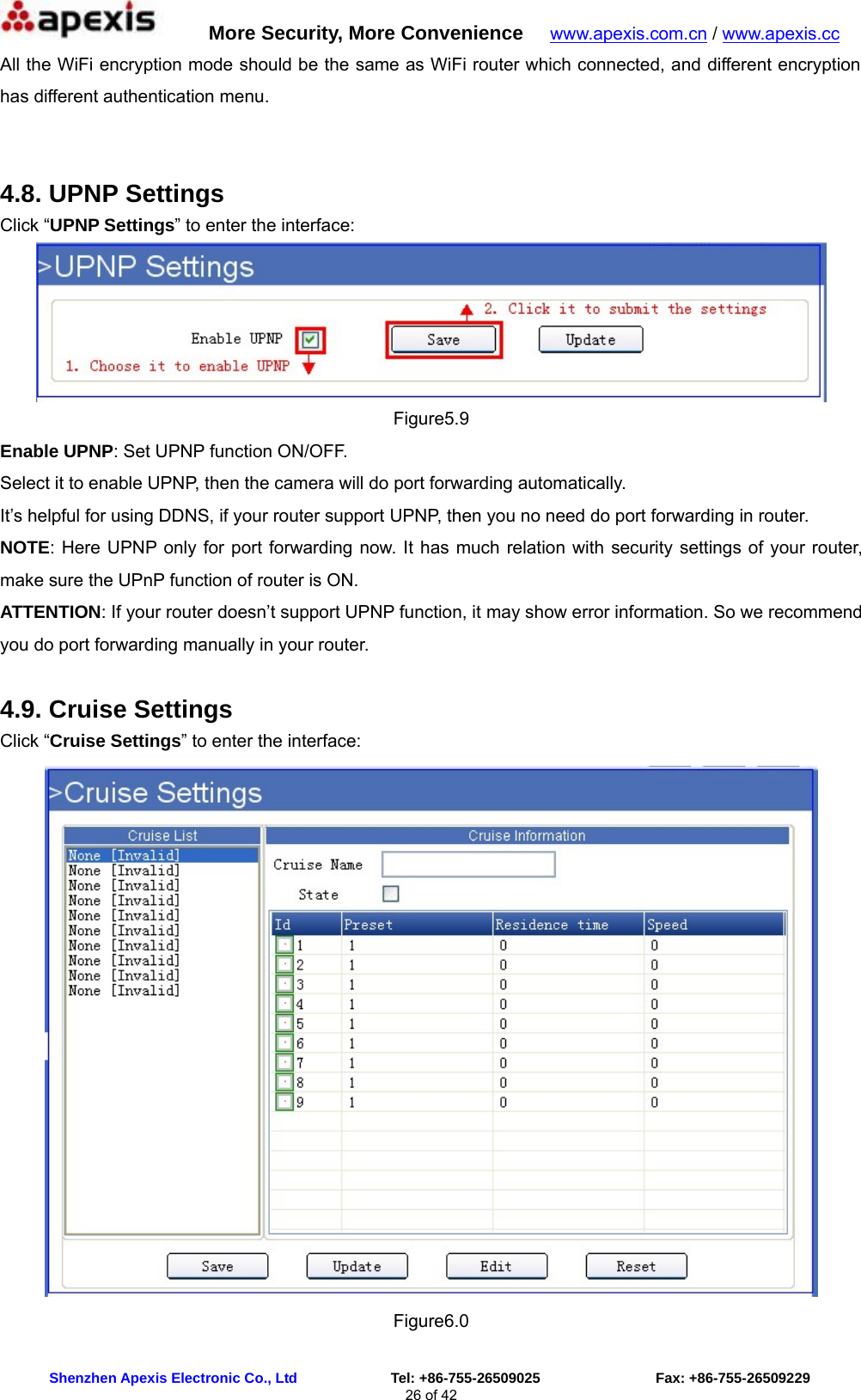      More Security, More Convenience   www.apexis.com.cn / www.apexis.cc  Shenzhen Apexis Electronic Co., Ltd             Tel: +86-755-26509025                Fax: +86-755-26509229 26 of 42 All the WiFi encryption mode should be the same as WiFi router which connected, and different encryption has different authentication menu.  4.8. UPNP Settings Click “UPNP Settings” to enter the interface:  Figure5.9 Enable UPNP: Set UPNP function ON/OFF. Select it to enable UPNP, then the camera will do port forwarding automatically. It’s helpful for using DDNS, if your router support UPNP, then you no need do port forwarding in router. NOTE: Here UPNP only for port forwarding now. It has much relation with security settings of your router, make sure the UPnP function of router is ON.   ATTENTION: If your router doesn’t support UPNP function, it may show error information. So we recommend you do port forwarding manually in your router.   4.9. Cruise Settings Click “Cruise Settings” to enter the interface:  Figure6.0 
