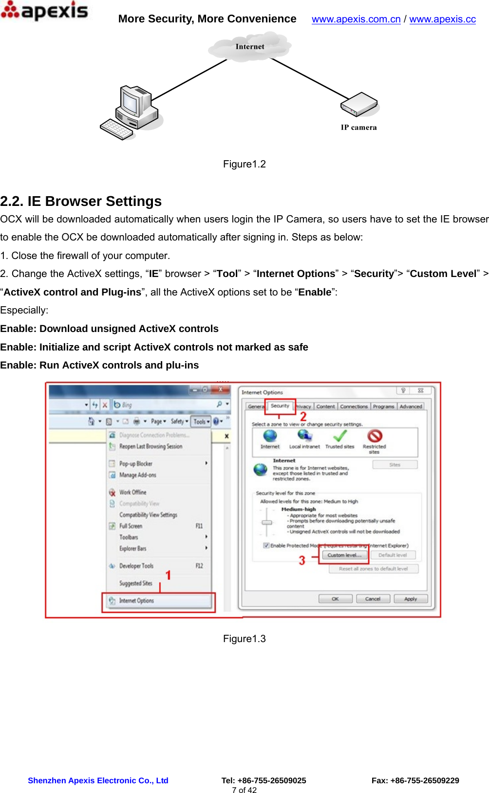      More Security, More Convenience   www.apexis.com.cn / www.apexis.cc  Shenzhen Apexis Electronic Co., Ltd             Tel: +86-755-26509025                Fax: +86-755-26509229 7 of 42  Figure1.2 2.2. IE Browser Settings OCX will be downloaded automatically when users login the IP Camera, so users have to set the IE browser to enable the OCX be downloaded automatically after signing in. Steps as below: 1. Close the firewall of your computer. 2. Change the ActiveX settings, “IE” browser &gt; “Tool” &gt; “Internet Options” &gt; “Security”&gt; “Custom Level” &gt; “ActiveX control and Plug-ins”, all the ActiveX options set to be “Enable”:   Especially: Enable: Download unsigned ActiveX controls Enable: Initialize and script ActiveX controls not marked as safe Enable: Run ActiveX controls and plu-ins  Figure1.3 