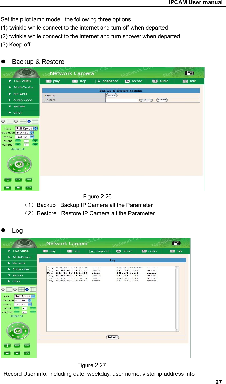                                                     IPCAM User manual Set the pilot lamp mode , the following three options (1) twinkle while connect to the internet and turn off when departed (2) twinkle while connect to the internet and turn shower when departed (3) Keep off    Backup &amp; Restore                               Figure 2.26 （1）Backup : Backup IP Camera all the Parameter   （2）Restore : Restore IP Camera all the Parameter    Log                             Figure 2.27   Record User info, including date, weekday, user name, vistor ip address info                                                                                         27 