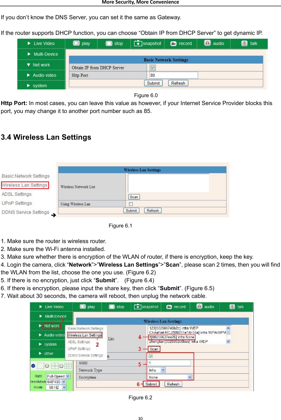 MoreSecurity,MoreConvenienceIf you don’t know the DNS Server, you can set it the same as Gateway.  If the router supports DHCP function, you can choose “Obtain IP from DHCP Server” to get dynamic IP.      Figure 6.0 Http Port: In most cases, you can leave this value as however, if your Internet Service Provider blocks this port, you may change it to another port number such as 85.  3.4 Wireless Lan Settings  Î   Figure 6.1  1. Make sure the router is wireless router. 2. Make sure the Wi-Fi antenna installed. 3. Make sure whether there is encryption of the WLAN of router, if there is encryption, keep the key. 4. Login the camera, click “Network”&gt;”Wireless Lan Settings”&gt;”Scan”, please scan 2 times, then you will find the WLAN from the list, choose the one you use. (Figure 6.2) 5. If there is no encryption, just click “Submit”.  (Figure 6.4) 6. If there is encryption, please input the share key, then click “Submit”. (Figure 6.5) 7. Wait about 30 seconds, the camera will reboot, then unplug the network cable.  Figure 6.2  30