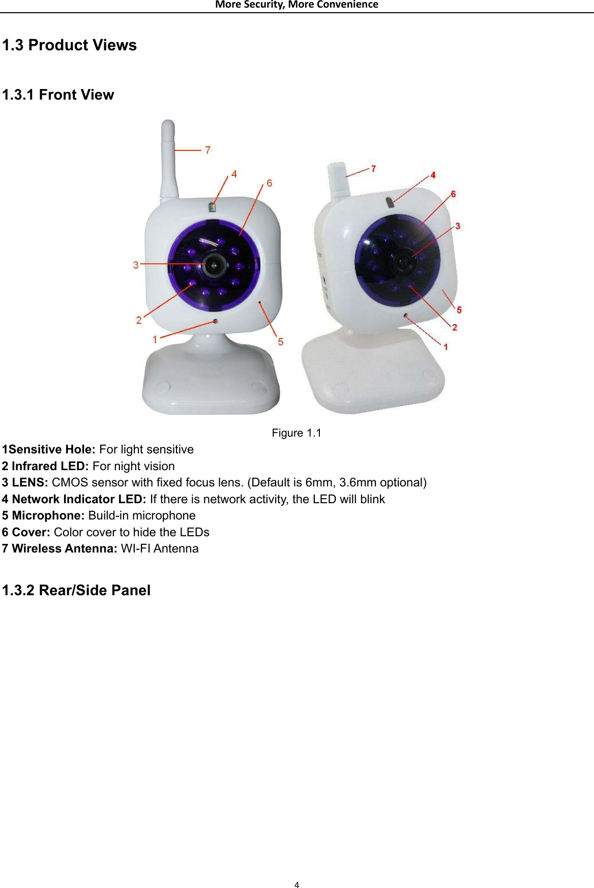 MoreSecurity,MoreConvenience1.3 Product Views  1.3.1 Front View  Figure 1.1 1Sensitive Hole: For light sensitive 2 Infrared LED: For night vision 3 LENS: CMOS sensor with fixed focus lens. (Default is 6mm, 3.6mm optional) 4 Network Indicator LED: If there is network activity, the LED will blink 5 Microphone: Build-in microphone 6 Cover: Color cover to hide the LEDs 7 Wireless Antenna: WI-FI Antenna  1.3.2 Rear/Side Panel  4