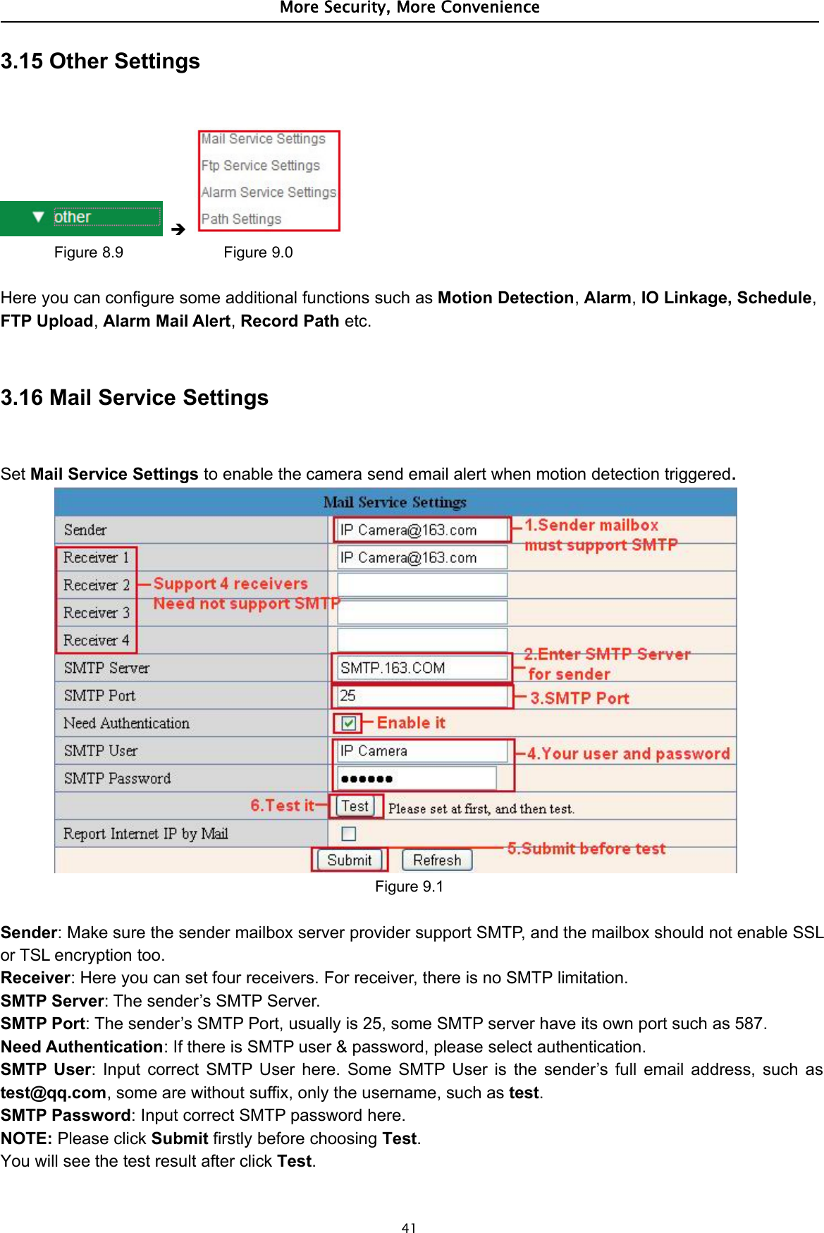 More Security, More Convenience413.15 Other SettingsFigure 8.9 Figure 9.0Here you can configure some additional functions such as Motion Detection,Alarm,IO Linkage, Schedule,FTP Upload,Alarm Mail Alert,Record Path etc.3.16 Mail Service SettingsSet Mail Service Settings to enable the camera send email alert when motion detection triggered.Figure 9.1Sender: Make sure the sender mailbox server provider support SMTP, and the mailbox should not enable SSLor TSL encryption too.Receiver: Here you can set four receivers. For receiver, there is no SMTP limitation.SMTP Server: The sender’s SMTP Server.SMTP Port: The sender’s SMTP Port, usually is 25, some SMTP server have its own port such as 587.Need Authentication: If there is SMTP user &amp; password, please select authentication.SMTP User: Input correct SMTP User here. Some SMTP User is the sender’s full email address, such astest@qq.com, some are without suffix, only the username, such as test.SMTP Password: Input correct SMTP password here.NOTE: Please click Submit firstly before choosing Test.You will see the test result after click Test.