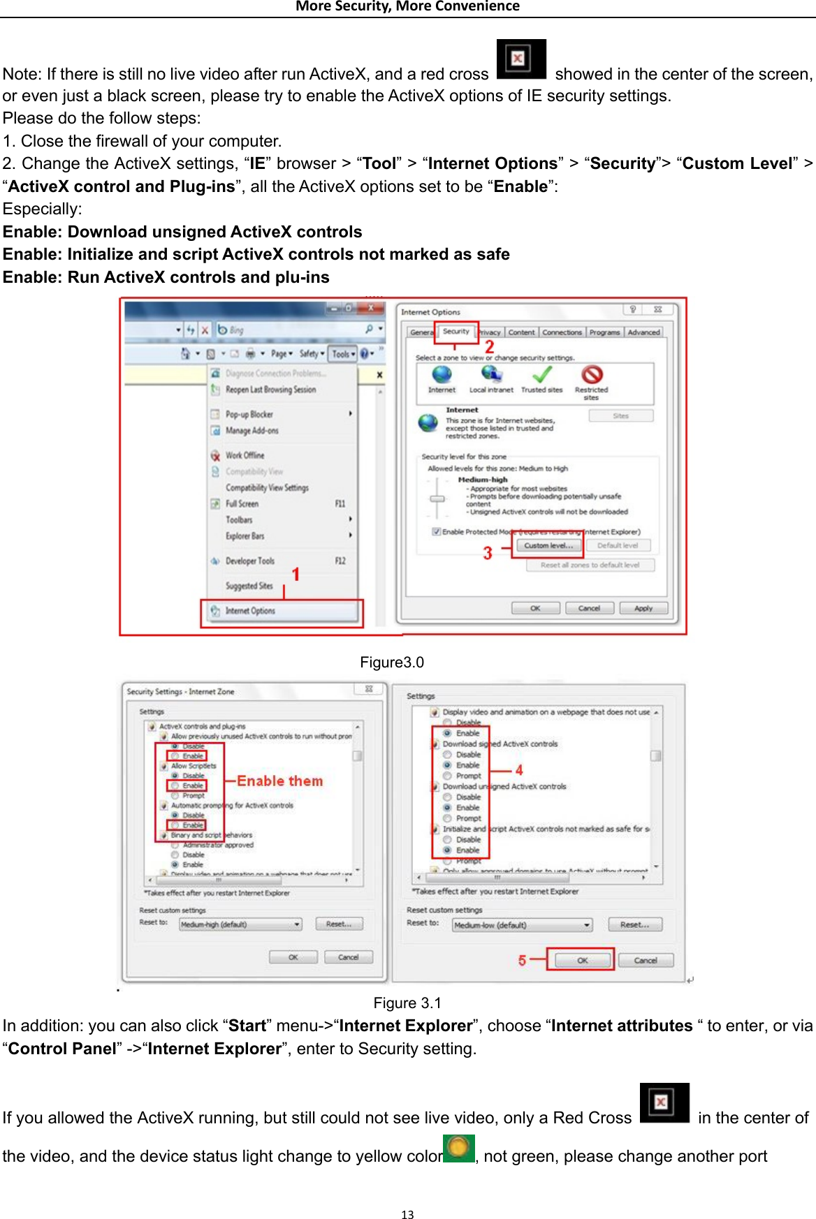 MoreSecurity,MoreConvenienceNote: If there is still no live video after run ActiveX, and a red cross    showed in the center of the screen, or even just a black screen, please try to enable the ActiveX options of IE security settings. Please do the follow steps: 1. Close the firewall of your computer. 2. Change the ActiveX settings, “IE” browser &gt; “Tool” &gt; “Internet Options” &gt; “Security”&gt; “Custom Level” &gt; “ActiveX control and Plug-ins”, all the ActiveX options set to be “Enable”:   Especially: Enable: Download unsigned ActiveX controls Enable: Initialize and script ActiveX controls not marked as safe Enable: Run ActiveX controls and plu-ins   Figure3.0 Figure 3.1 In addition: you can also click “Start” menu-&gt;“Internet Explorer”, choose “Internet attributes “ to enter, or via If you allowed the ActiveX running, but still could not see live video, only a Red Cross “Control Panel” -&gt;“Internet Explorer”, enter to Security setting.   in the center of the video, and the device status light change to yellow color , not green, please change another port 13