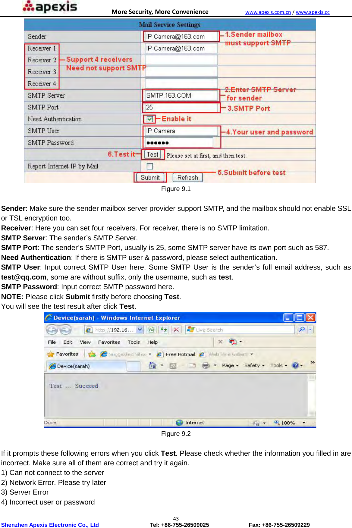 MoreSecurity,MoreConveniencewww.apexis.com.cn/www.apexis.cc Shenzhen Apexis Electronic Co., Ltd                  Tel: +86-755-26509025              Fax: +86-755-26509229 43         Figure 9.1  Sender: Make sure the sender mailbox server provider support SMTP, and the mailbox should not enable SSL or TSL encryption too. Receiver: Here you can set four receivers. For receiver, there is no SMTP limitation. SMTP Server: The sender’s SMTP Server. SMTP Port: The sender’s SMTP Port, usually is 25, some SMTP server have its own port such as 587. Need Authentication: If there is SMTP user &amp; password, please select authentication. SMTP User: Input correct SMTP User here. Some SMTP User is the sender’s full email address, such as test@qq.com, some are without suffix, only the username, such as test. SMTP Password: Input correct SMTP password here. NOTE: Please click Submit firstly before choosing Test.  You will see the test result after click Test.  Figure 9.2  If it prompts these following errors when you click Test. Please check whether the information you filled in are incorrect. Make sure all of them are correct and try it again.   1) Can not connect to the server   2) Network Error. Please try later   3) Server Error   4) Incorrect user or password   