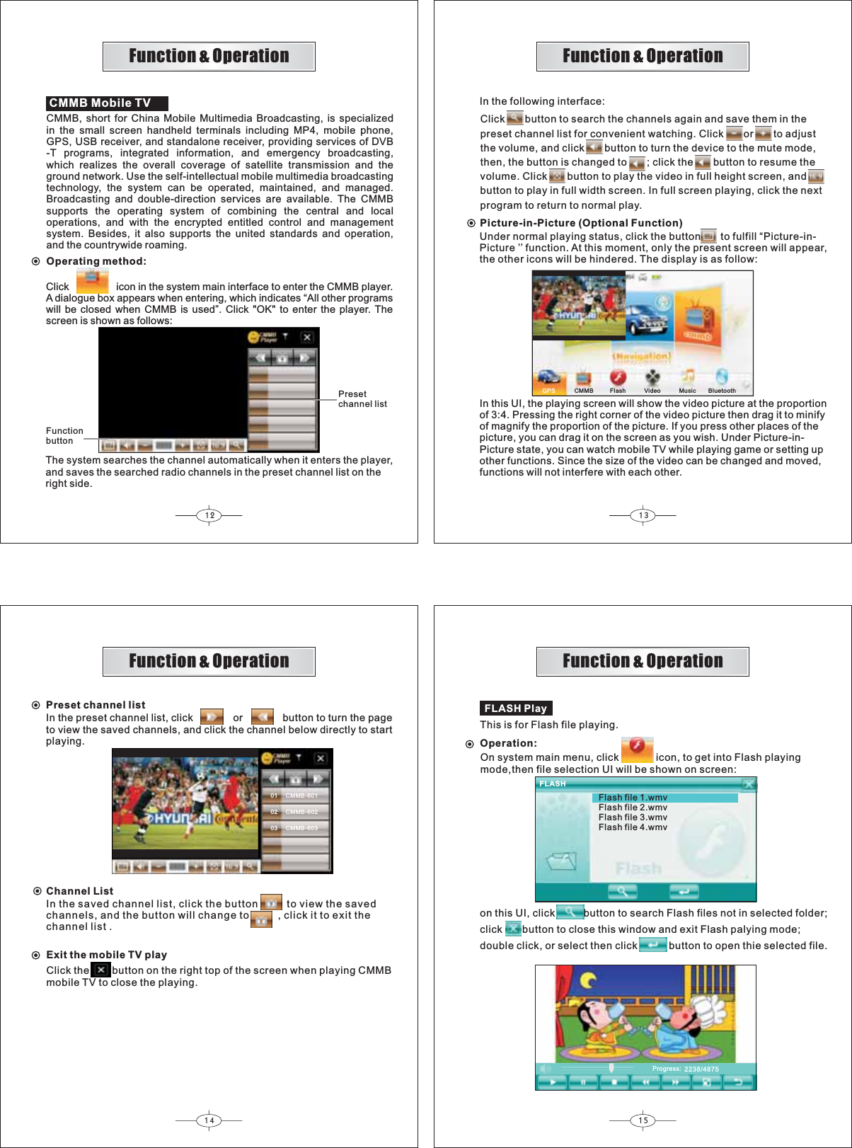 12 1314 1501     CMMB-60102     CMMB-60203     CMMB-6032238/4875Preset channel listIn the preset channel list, click              or              button to turn the pageto view the saved channels, and click the channel below directly to startplaying.Exit the mobile TV playClick the        button on the right top of the screen when playing CMMBmobile TV to close the playing.In the following interface:Click       button to search the channels again and save them in thepreset channel list for convenient watching. Click       or       to adjustthe volume, and click       button to turn the device to the mute mode,then, the button is changed to       ; click the       button to resume thevolume. Click       button to play the video in full height screen, andbutton to play in full width screen. In full screen playing, click the nextprogram to return to normal play.Progress:FLASHOperation:FLASH PlayThis is for Flash file playing.On system main menu, click             icon, to get into Flash playingmode,then file selection UI will be shown on screen:on this UI, click          button to search Flash files not in selected folder;click       button to close this window and exit Flash palying mode;double click, or select then click           button to open thie selected file.Flash file 1.wmvFlash file 2.wmvFlash file 3.wmvFlash file 4.wmvFunction &amp; OperationFunction &amp; OperationFunction &amp; OperationFunction &amp; OperationPicture-in-Picture (Optional Function)Under normal playing status, click the button       to fulfill “Picture-in-Picture ’’ function. At this moment, only the present screen will appear,the other icons will be hindered. The display is as follow:In this UI, the playing screen will show the video picture at the proportionof 3:4. Pressing the right corner of the video picture then drag it to minifyof magnify the proportion of the picture. If you press other places of thepicture, you can drag it on the screen as you wish. Under Picture-in-Picture state, you can watch mobile TV while playing game or setting upother functions. Since the size of the video can be changed and moved,functions will not interfere with each other.GPS CMMB Video Music BluetoothFlashChannel ListIn the saved channel list, click the button to view the savedchannels, and the button will change to , click it to exit thechannel list .CMMB Mobile TVCMMB, short for China Mobile Multimedia Broadcasting, is specializedin the small screen handheld terminals including MP4, mobile phone,GPS, USB receiver, and standalone receiver, providing services of DVB-T programs, integrated information, and emergency broadcasting,which realizes the overall coverage of satellite transmission and theground network. Use the self-intellectual mobile multimedia broadcastingtechnology, the system can be operated, maintained, and managed.Broadcasting and double-direction services are available. The CMMBsupports the operating system of combining the central and localoperations, and with the encrypted entitled control and managementsystem. Besides, it also supports the united standards and operation,and the countrywide roaming.Operating method:Click icon in the system main interface to enter the CMMB player.A dialogue box appears when entering, which indicates “All other programswill be closed when CMMB is used”. Click &quot;OK&quot; to enter the player. Thescreen is shown as follows:The system searches the channel automatically when it enters the player,and saves the searched radio channels in the preset channel list on theright side.FunctionbuttonPresetchannel list