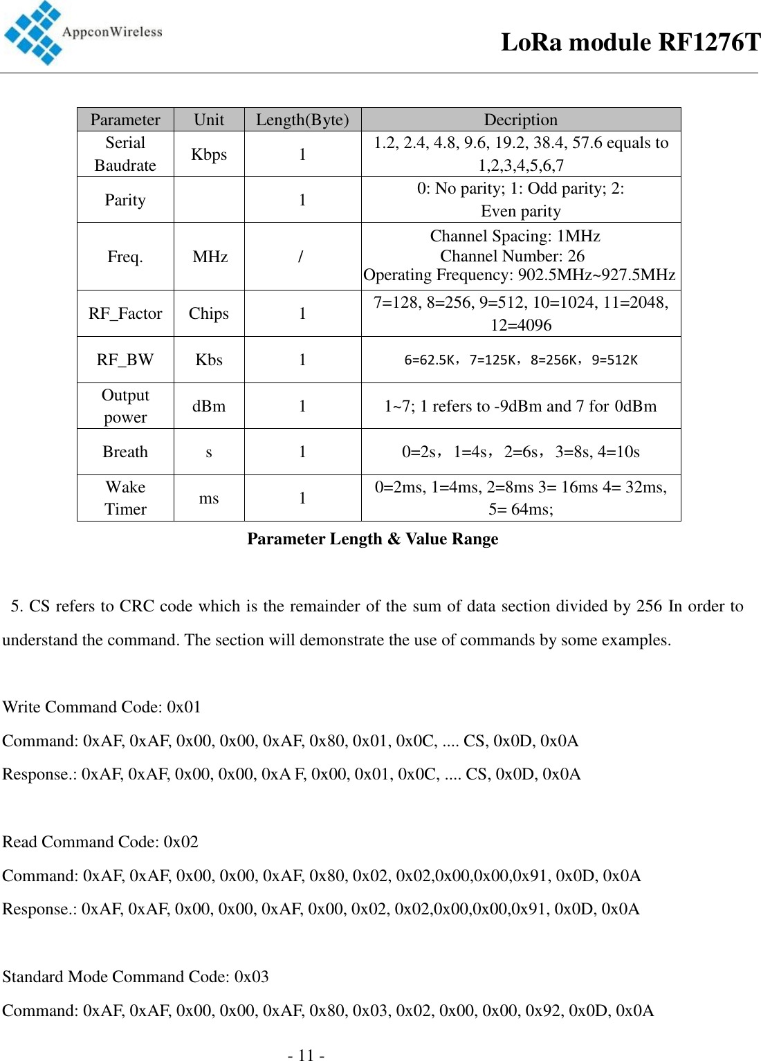 - 11 - Parameter  Unit  Length(Byte)  Decription Serial Baudrate  Kbps  1  1.2, 2.4, 4.8, 9.6, 19.2, 38.4, 57.6 equals to 1,2,3,4,5,6,7 Parity  1  0: No parity; 1: Odd parity; 2: Even parity Freq.  MHz  /   RF_Factor  Chips  1  7=128, 8=256, 9=512, 10=1024, 11=2048, 12=4096 RF_BW  Kbs  1  6=62.5K，7=125K，8=256K，9=512K Output power  dBm  1  1~7; 1 refers to -9dBm and  7 for 0dBm  Breath  s  1  0=2s，1=4s，2=6s，3=8s, 4=10s Wake Timer  ms  1  0=2ms, 1=4ms, 2=8ms 3= 16ms 4= 32ms, 5= 64ms;   Parameter Length &amp; Value Range 5. CS refers to CRC code which is the remainder of the sum of data section divided by 256 In order tounderstand the command. The section will demonstrate the use of commands by some examples. Write Command Code: 0x01 Command: 0xAF, 0xAF, 0x00, 0x00, 0xAF, 0x80, 0x01, 0x0C, .... CS, 0x0D, 0x0A Response.: 0xAF, 0xAF, 0x00, 0x00, 0xA F, 0x00, 0x01, 0x0C, .... CS, 0x0D, 0x0A Read Command Code: 0x02   Command: 0xAF, 0xAF, 0x00, 0x00, 0xAF, 0x80, 0x02, 0x02,0x00,0x00,0x91, 0x0D, 0x0A Response.: 0xAF, 0xAF, 0x00, 0x00, 0xAF, 0x00, 0x02, 0x02,0x00,0x00,0x91, 0x0D, 0x0A Standard Mode Command Code: 0x03   Command: 0xAF, 0xAF, 0x00, 0x00, 0xAF, 0x80, 0x03, 0x02, 0x00, 0x00, 0x92, 0x0D, 0x0A LoRa module RF1276TChannel Spacing: 1MHzChannel Number: 26Operating Frequency: 902.5MHz~927.5MHz