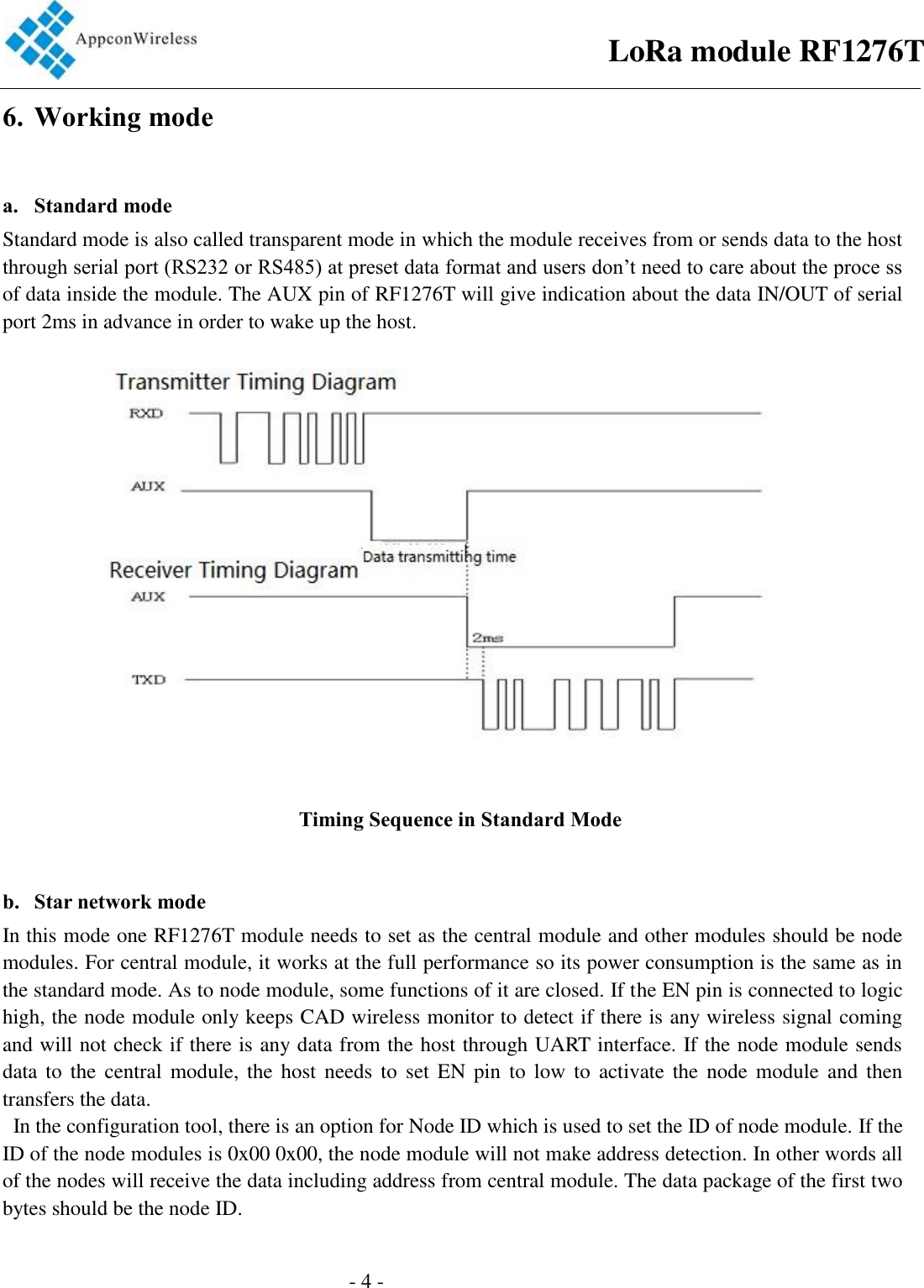                                                 - 4 -                                       6. Working mode      a. Standard mode   Standard mode is also called transparent mode in which the module receives from or sends data to the host through serial port (RS232 or RS485) at preset data format and users don’t need to care about the proce ss of data inside the module. The AUX pin of RF1276T will give indication about the data IN/OUT of serial port 2ms in advance in order to wake up the host.  Timing Sequence in Standard Mode  b. Star network mode   In this mode one RF1276T module needs to set as the central module and other modules should be node modules. For central module, it works at the full performance so its power consumption is the same as in the standard mode. As to node module, some functions of it are closed. If the EN pin is connected to logic high, the node module only keeps CAD wireless monitor to detect if there is any wireless signal coming and will not check if there is any data from the host through UART interface. If the node module sends data to  the  central  module,  the host  needs to set  EN  pin  to  low  to  activate  the  node  module  and  then transfers the data.     In the configuration tool, there is an option for Node ID which is used to set the ID of node module. If the ID of the node modules is 0x00 0x00, the node module will not make address detection. In other words all of the nodes will receive the data including address from central module. The data package of the first two bytes should be the node ID.      LoRa module RF1276T