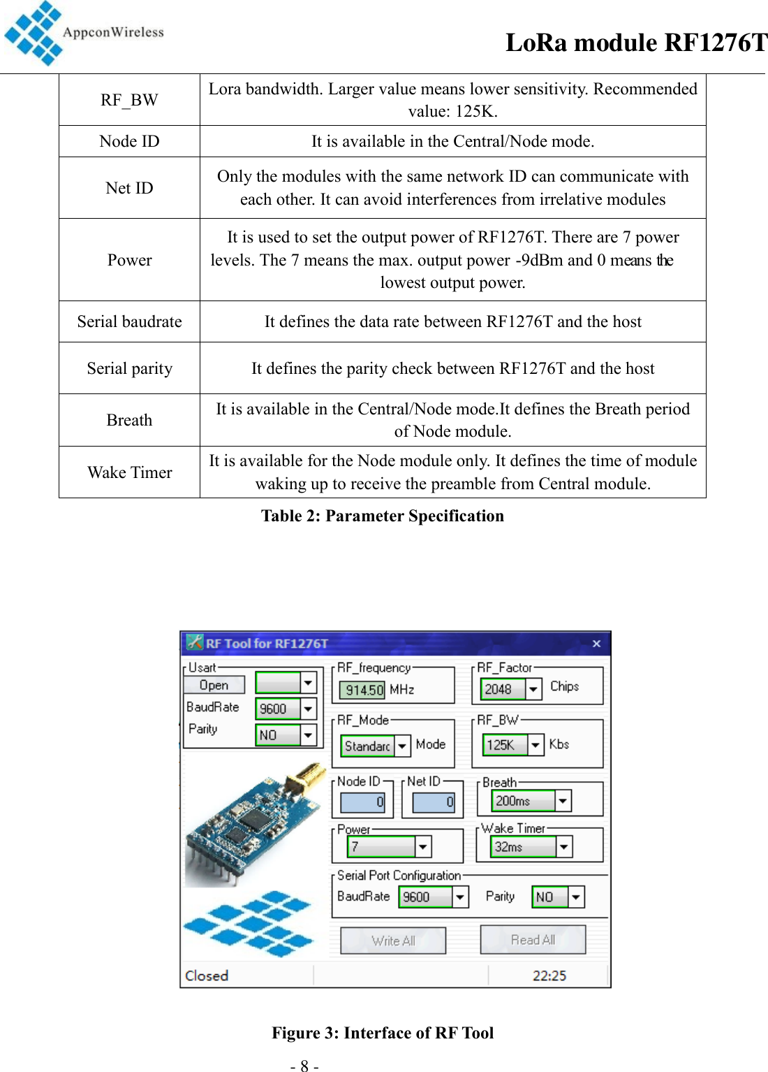                                                  - 8 -                                       RF_BW  Lora bandwidth. Larger value means lower sensitivity. Recommended value: 125K. Node ID  It is available in the Central/Node mode.   Net ID  Only the modules with the same network ID can communicate with each other. It can avoid interferences from irrelative modules Power It is used to set the output power of RF1276T. There are 7 power levels. The 7 means the max. output power -9dBm and 0 means the lowest output power. Serial baudrate  It defines the data rate between RF1276T and the host Serial parity  It defines the parity check between RF1276T and the host Breath  It is available in the Central/Node mode.It defines the Breath period of Node module.   Wake Timer  It is available for the Node module only. It defines the time of module waking up to receive the preamble from Central module.   Table 2: Parameter Specification      Figure 3: Interface of RF Tool LoRa module RF1276T