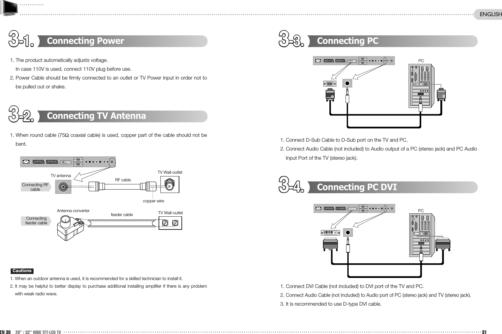 3-1.3-1.3-1.3-1.3-1.3-1.3-1.3-1.3-1.3-1.3-1.3-1. 3-3.3-3.3-3.3-3.3-3.3-3.3-3.3-3.3-3.3-3.3-3.3-3.3-4.3-4.3-4.3-4.3-4.3-4.3-4.3-4.3-4.3-4.3-4.3-4.3-2.3-2.3-2.3-2.3-2.3-2.3-2.3-2.3-2.3-2.3-2.3-2.Connecting PC1. Connect D-Sub Cable to D-Sub port on the TV and PC.2. Connect Audio Cable (not included) to Audio output of a PC (stereo jack) and PC AudioInput Port of the TV (stereo jack).Connecting PC DVI1. Connect DVI Cable (not included) to DVI port of the TV and PC. 2. Connect Audio Cable (not included) to Audio port of PC (stereo jack) and TV (stereo jack). 3. It is recommended to use D-type DVI cable.Connecting Power1. The product automatically adjusts voltage.In case 110V is used, connect 110V plug before use. 2. Power Cable should be firmly connected to an outlet or TV Power input in order not tobe pulled out or shake.Connecting TV Antenna1. When round cable (75Ωcoaxial cable) is used, copper part of the cable should not bebent. 1. When an outdoor antenna is used, it is recommended for a skilled technician to install it. 2. It may be helpful to better display to purchase additional installing amplifier if there is any problemwith weak radio wave.CautionsEN 30 26” / 32” WIDE TFT-LCD TV 31TV antennaAntenna converterConnecting RFcableConnectingfeeder cableRF cablefeeder cablecopper wireTV Wall-outletPCPCTV Wall-outletENGLISH
