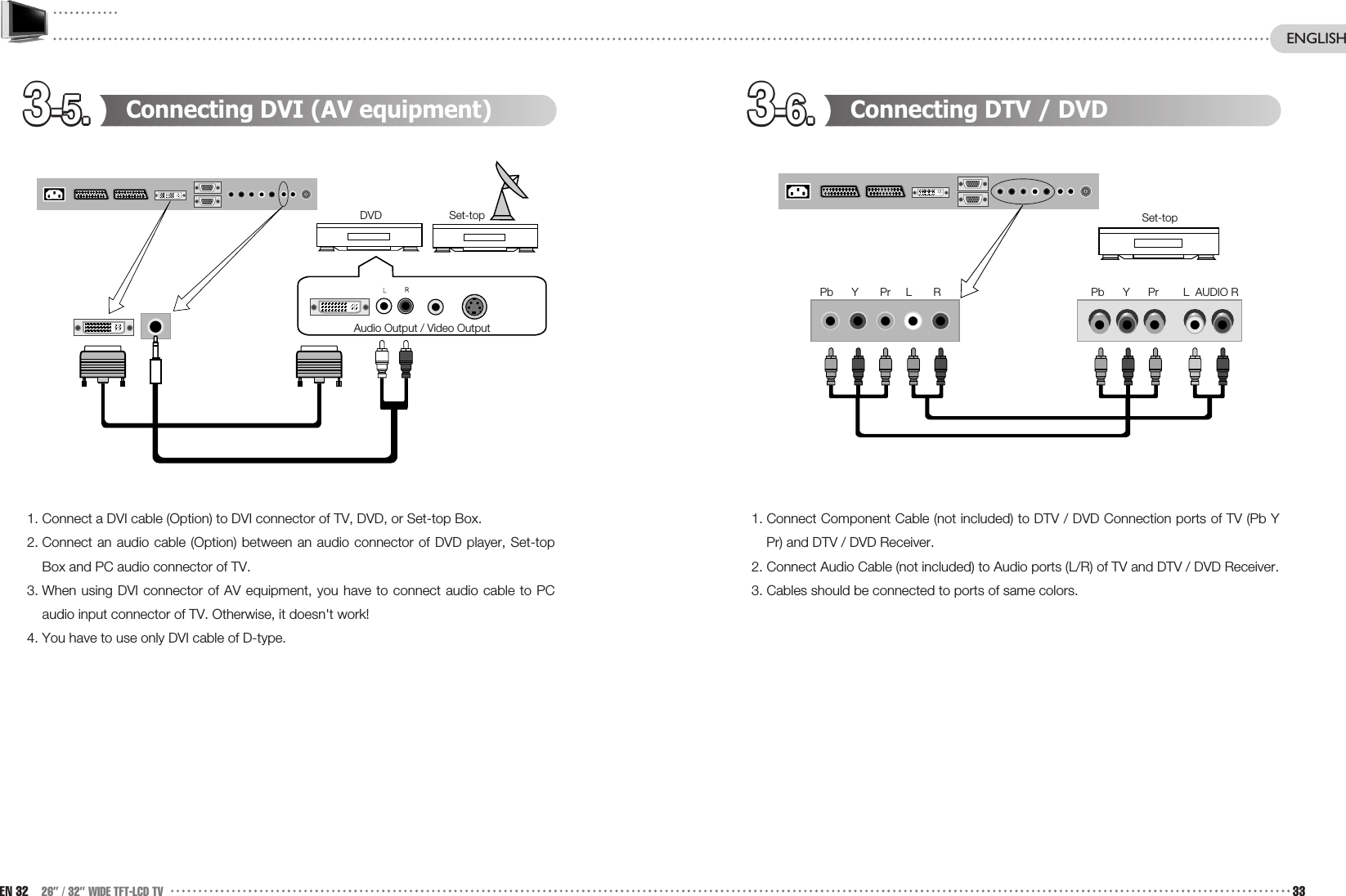 3-6.3-6.3-6.3-6.3-6.3-6.3-6.3-6.3-6.3-6.3-6.3-6.3-5.3-5.3-5.3-5.3-5.3-5.3-5.3-5.3-5.3-5.3-5.3-5. Connecting DTV / DVD1. Connect Component Cable (not included) to DTV / DVD Connection ports of TV (Pb YPr) and DTV / DVD Receiver. 2. Connect Audio Cable (not included) to Audio ports (L/R) of TV and DTV / DVD Receiver. 3. Cables should be connected to ports of same colors.Connecting DVI (AV equipment)1. Connect a DVI cable (Option) to DVI connector of TV, DVD, or Set-top Box.2. Connect an audio cable (Option) between an audio connector of DVD player, Set-topBox and PC audio connector of TV.3. When using DVI connector of AV equipment, you have to connect audio cable to PCaudio input connector of TV. Otherwise, it doesn&apos;t work!4. You have to use only DVI cable of D-type.EN 32 26” / 32” WIDE TFT-LCD TV 33DVD Set-topAudio Output / Video OutputSet-topPb      Y      Pr        L  AUDIO RPb      Y       Pr     L       RENGLISH