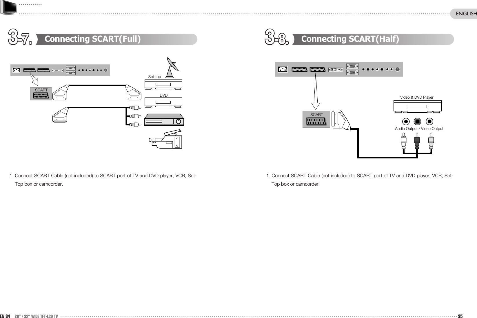 3-7.3-7.3-7.3-7.3-7.3-7.3-7.3-7.3-7.3-7.3-7.3-7. 3-8.3-8.3-8.3-8.3-8.3-8.3-8.3-8.3-8.3-8.3-8.3-8. Connecting SCART(Half)1. Connect SCART Cable (not included) to SCART port of TV and DVD player, VCR, Set-Top box or camcorder.Connecting SCART(Full)1. Connect SCART Cable (not included) to SCART port of TV and DVD player, VCR, Set-Top box or camcorder. EN 34 26” / 32” WIDE TFT-LCD TV 35Audio Output / Video OutputVideo &amp; DVD PlayerSet-topDVDSCARTSCARTENGLISH