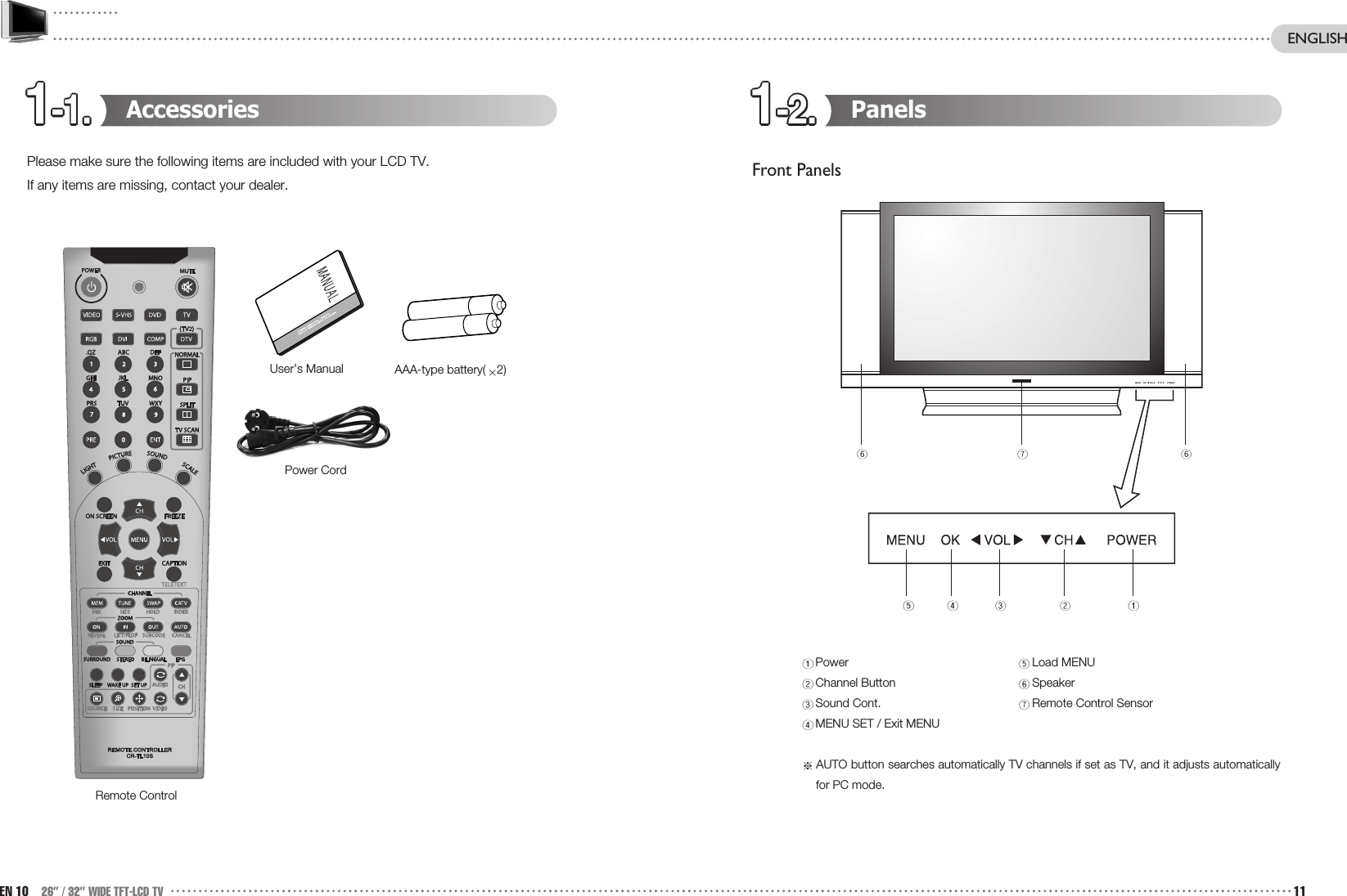 PanelsFront PanelsPower Load MENUChannel Button SpeakerSound Cont. Remote Control SensorMENU SET / Exit MENUAUTO button searches automatically TV channels if set as TV, and it adjusts automaticallyfor PC mode. AccessoriesPlease make sure the following items are included with your LCD TV.If any items are missing, contact your dealer.EN 10 26” / 32” WIDE TFT-LCD TV 11ENGLISHRemote ControlAAA-type battery( 2)Power CordUser’s Manual1-1.1-1.1-1.1-1.1-1.1-1.1-1.1-1.1-1.1-1.1-1.1-1. 1-2.1-2.1-2.1-2.1-2.1-2.1-2.1-2.1-2.1-2.1-2.1-2.