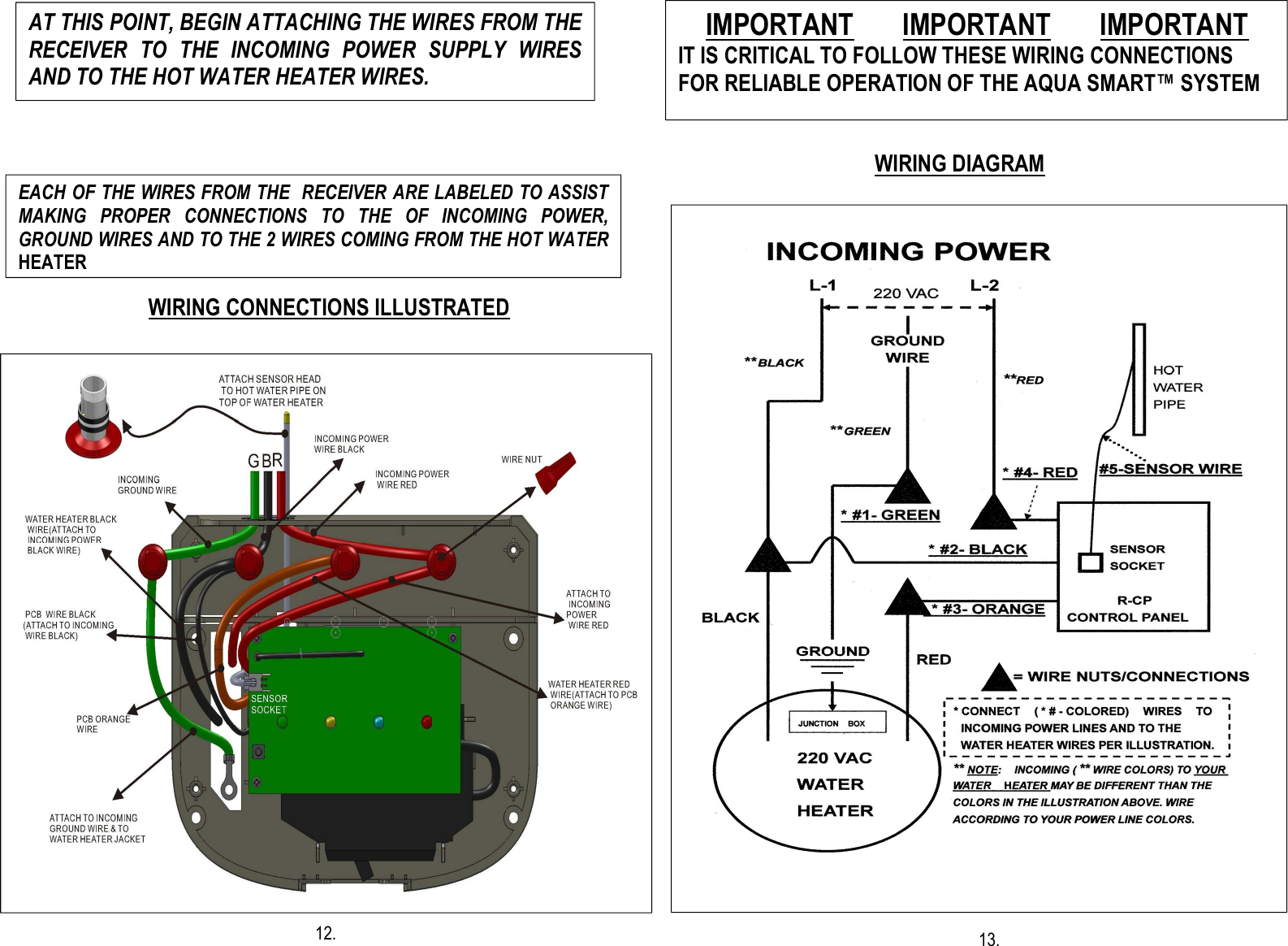                                                                                                                                                                                                                                 WIRING CONNECTIONS ILLUSTRATED                                                                                                                                                                                                                                                                                      12.                                                                                               WIRING DIAGRAM                                                                                                                                                                                                                                                                           13.                                                           AT THIS POINT, BEGIN ATTACHING THE WIRES FROM THE RECEIVER  TO  THE  INCOMING  POWER  SUPPLY  WIRES AND TO THE HOT WATER HEATER WIRES.   EACH OF THE WIRES FROM THE  RECEIVER ARE LABELED TO ASSIST MAKING  PROPER  CONNECTIONS  TO  THE  OF  INCOMING  POWER, GROUND WIRES AND TO THE 2 WIRES COMING FROM THE HOT WATER HEATER      IMPORTANT       IMPORTANT       IMPORTANT IT IS CRITICAL TO FOLLOW THESE WIRING CONNECTIONS FOR RELIABLE OPERATION OF THE AQUA SMART™ SYSTEM 