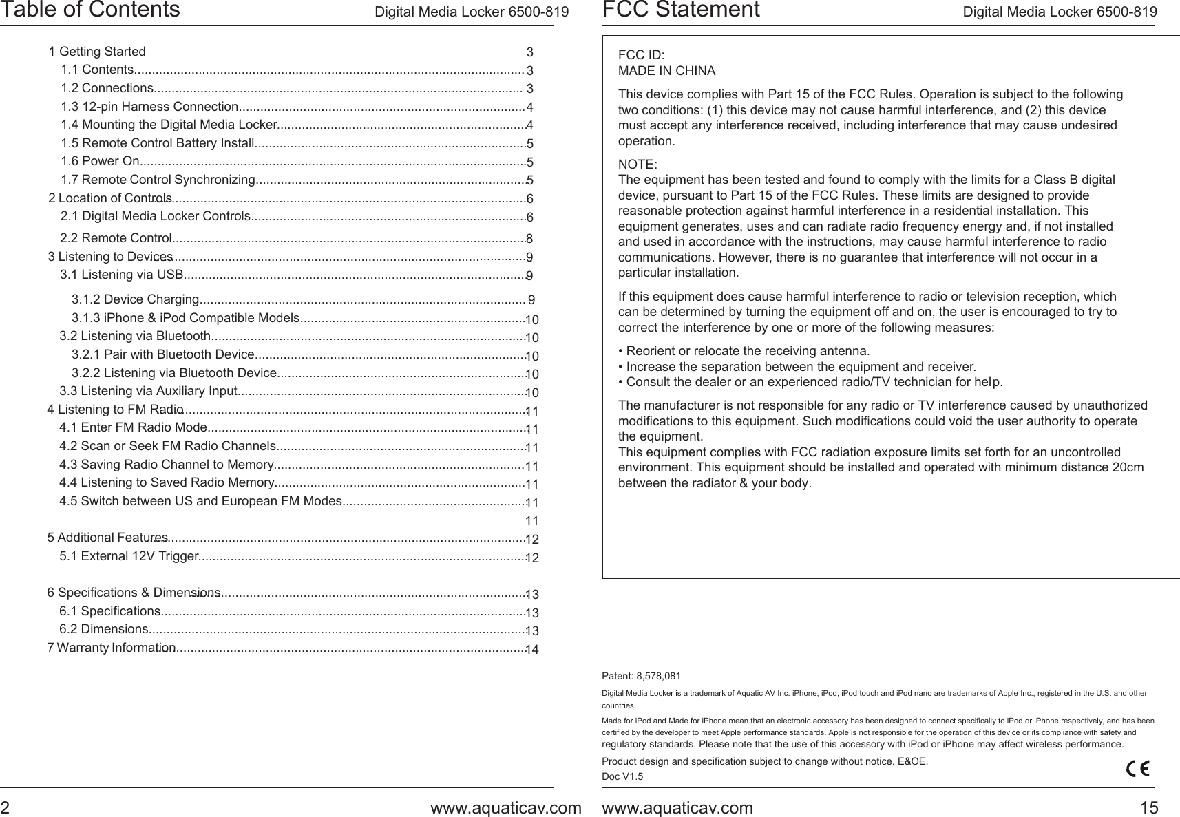 Page 2 of AQUATIC AV 6500-819-A Stereo System User Manual