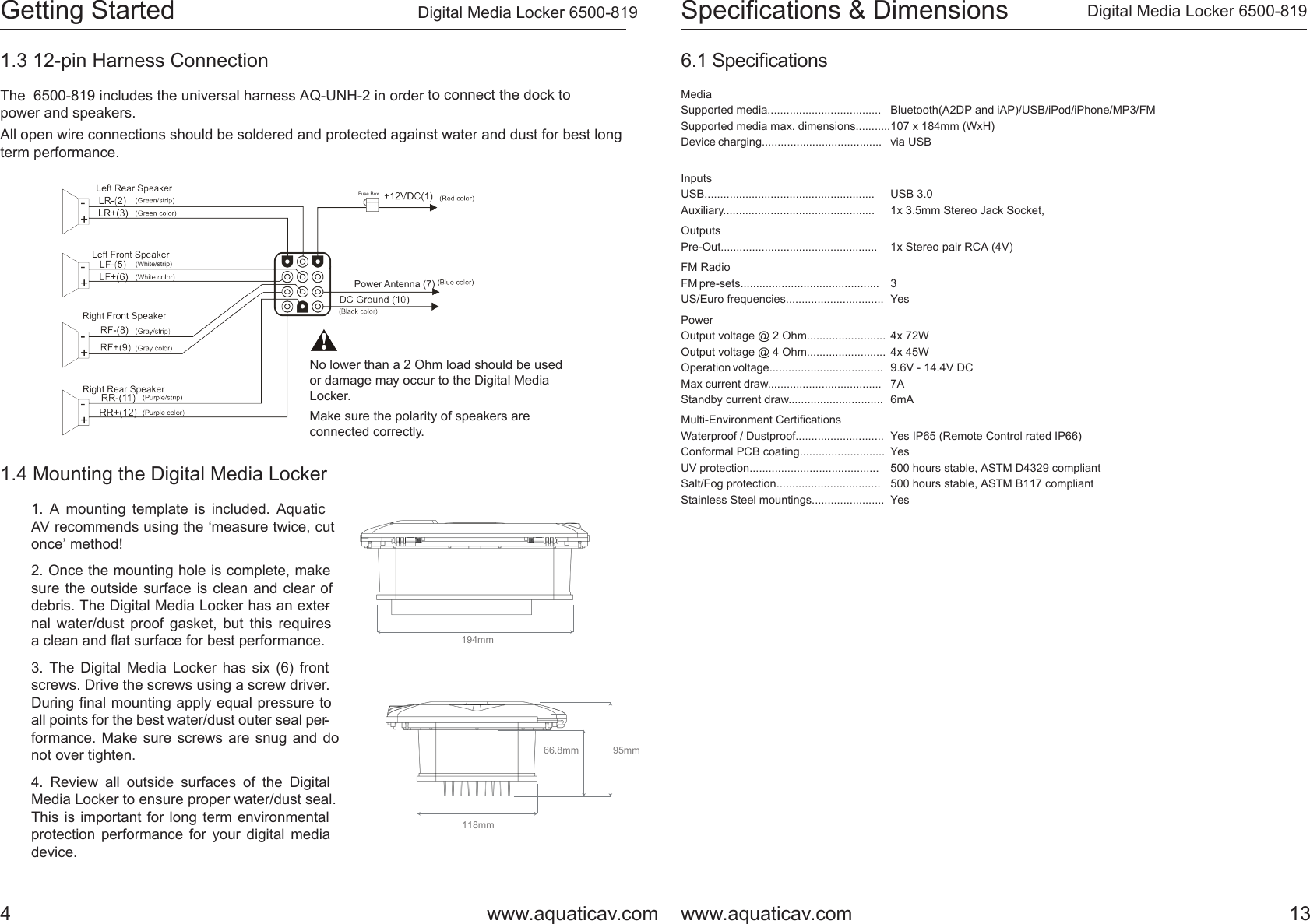 Page 4 of AQUATIC AV 6500-819-A Stereo System User Manual