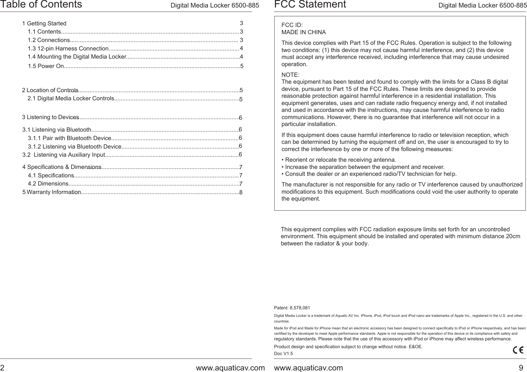 Page 2 of AQUATIC AV 6500-885 Stereo System User Manual 885 P1