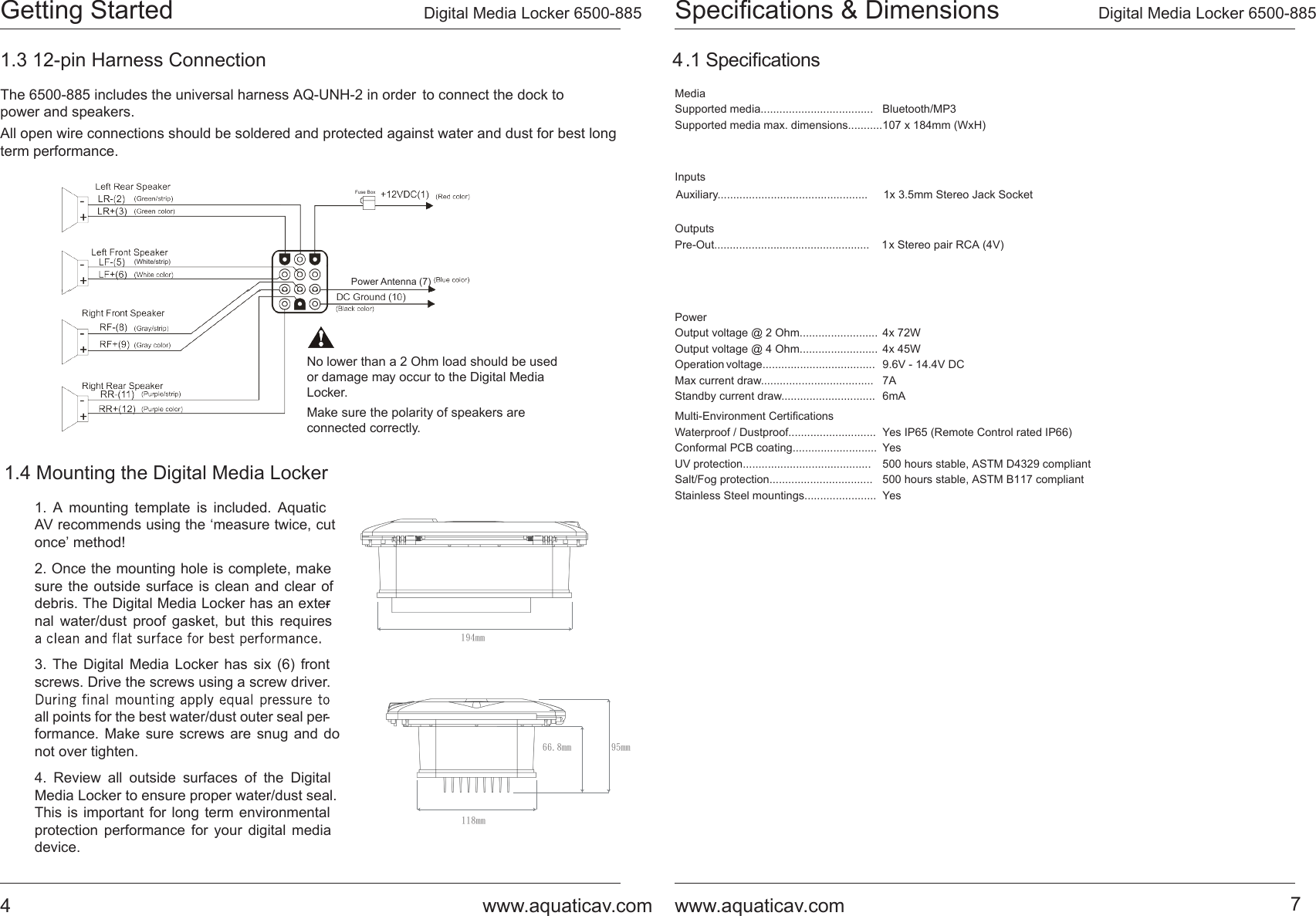 Page 4 of AQUATIC AV 6500-885 Stereo System User Manual 885 P1