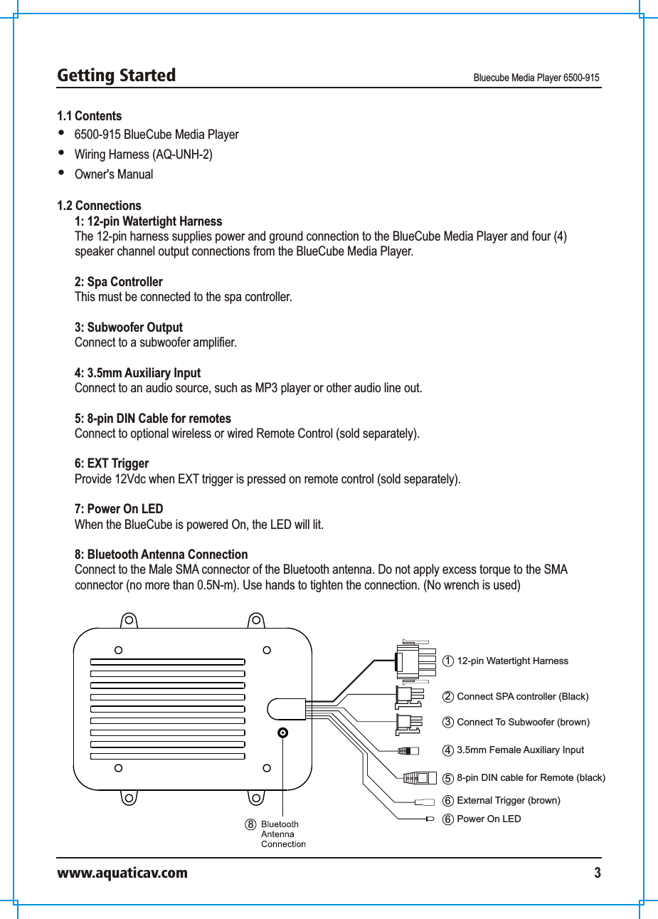 Getting Started Bluecube Media Player 6500-915www.aquaticav.com 31.1 Contents  6500-915 BlueCube Media PlayerWiring Harness (AQ-UNH-2)Owner&apos;s Manual 1.2 Connections 1: 12-pin Watertight Harness The 12-pin harness supplies power and ground connection to the BlueCube Media Player and four (4) speaker channel output connections from the BlueCube Media Player. 2: Spa Controller This must be connected to the spa controller. 3: Subwoofer Output Connect to a subwoofer amplifier.  4: 3.5mm Auxiliary Input Connect to an audio source, such as MP3 player or other audio line out. 5: 8-pin DIN Cable for remotes Connect to optional wireless or wired Remote Control (sold separately). 6: EXT Trigger Provide 12Vdc when EXT trigger is pressed on remote control (sold separately).7: Power On LED When the BlueCube is powered On, the LED will lit. 8: Bluetooth Antenna ConnectionConnect to the Male SMA connector of the Bluetooth antenna. Do not apply excess torque to the SMA connector (no more than 0.5N-m). Use hands to tighten the connection. (No wrench is used) 12-pin Watertight Harness14568236Connect SPA controller (Black)Connect To Subwoofer (brown)3.5mm Female Auxiliary Input8-pin DIN cable for Remote (black)External Trigger (brown)Power On LED