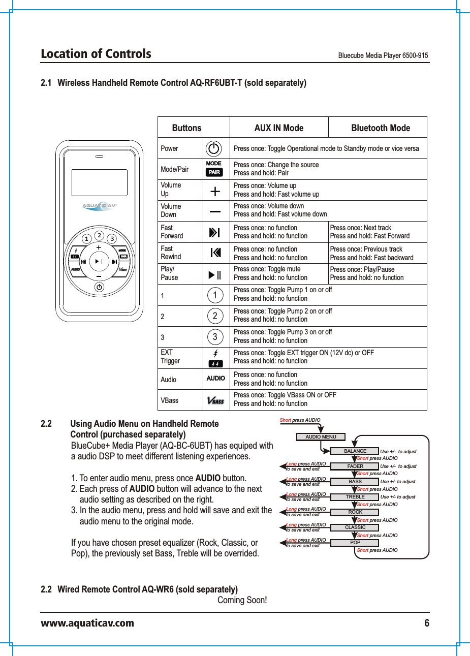 Location of Controls Bluecube Media Player 6500-915www.aquaticav.com 62.1   Wireless Handheld Remote Control AQ-RF6UBT-T (sold separately) 231AUDIO AUDIO MODEMODEPAIRPAIRAUDIO AUDIO MODEMODEPAIRPAIRButtons AUX IN Mode Bluetooth ModePowerMode/PairVolume UpVolume Down23EXT TriggerAudioVBassFastForwardFastRewindPlay/Pause1123Press once: Toggle Operational mode to Standby mode or vice versaPress once: Change the sourcePress and hold: PairPress once: Volume upPress and hold: Fast volume upPress once: Volume downPress and hold: Fast volume downPress once: no functionPress and hold: no functionPress once: Next trackPress and hold: Fast ForwardPress once: no functionPress and hold: no functionPress once: Previous trackPress and hold: Fast backwardPress once: Toggle mutePress and hold: no functionPress once: Play/PausePress and hold: no functionPress once: Toggle Pump 1 on or offPress and hold: no functionPress once: Toggle Pump 2 on or offPress and hold: no functionPress once: Toggle Pump 3 on or offPress and hold: no functionPress once: Toggle EXT trigger ON (12V dc) or OFF Press and hold: no functionPress once: no function Press and hold: no functionPress once: Toggle VBass ON or OFFPress and hold: no function2.2   Wired Remote Control AQ-WR6 (sold separately) Coming Soon!AUDIO MENUShort press AUDIOBALANCE Use +/-  to adjustFADERROCKBASS TREBLEShort press AUDIOUse +/- to adjustUse +/- to adjustCLASSICPOPUse +/-  to adjustShort press AUDIOShort press AUDIOShort press AUDIOShort press AUDIOShort press AUDIO Long press AUDIOto save and exit Short press AUDIOLong press AUDIOto save and exit Long press AUDIOto save and exit Long press AUDIOto save and exit Long press AUDIOto save and exit Long press AUDIOto save and exit 2.2  Using Audio Menu on Handheld Remote Control (purchased separately)BlueCube+ Media Player (AQ-BC-6UBT) has equiped with a audio DSP to meet different listening experiences. 1. To enter audio menu, press once AUDIO button. 2. Each press of AUDIO button will advance to the next audio setting as described on the right. 3. In the audio menu, press and hold will save and exit the audio menu to the original mode. If you have chosen preset equalizer (Rock, Classic, or Pop), the previously set Bass, Treble will be overrided. 