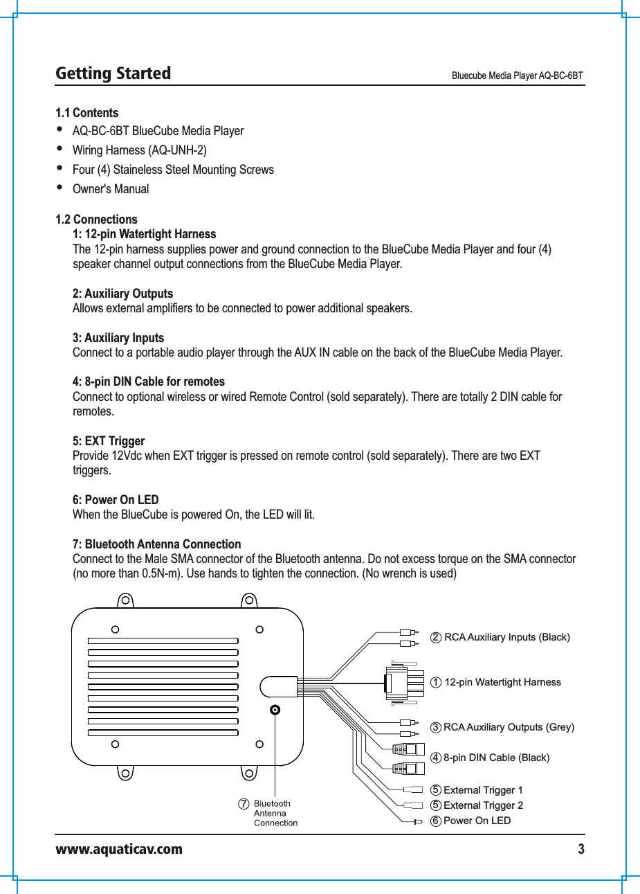 Getting Started Bluecube Media Player AQ-BC-6BTwww.aquaticav.com 31.1 Contents  AQ-BC-6BT BlueCube Media PlayerWiring Harness (AQ-UNH-2)Four (4) Staineless Steel Mounting ScrewsOwner&apos;s Manual 1.2 Connections 1: 12-pin Watertight Harness The 12-pin harness supplies power and ground connection to the BlueCube Media Player and four (4) speaker channel output connections from the BlueCube Media Player. 2: Auxiliary Outputs Allows external amplifiers to be connected to power additional speakers. 3: Auxiliary Inputs Connect to a portable audio player through the AUX IN cable on the back of the BlueCube Media Player.  4: 8-pin DIN Cable for remotes Connect to optional wireless or wired Remote Control (sold separately). There are totally 2 DIN cable for remotes. 5: EXT Trigger Provide 12Vdc when EXT trigger is pressed on remote control (sold separately). There are two EXT triggers.6: Power On LED When the BlueCube is powered On, the LED will lit. 7: Bluetooth Antenna ConnectionConnect to the Male SMA connector of the Bluetooth antenna. Do not excess torque on the SMA connector (no more than 0.5N-m). Use hands to tighten the connection. (No wrench is used) 12-pin Watertight Harness123RCA Auxiliary Inputs (Black)RCA Auxiliary Outputs (Grey)458-pin DIN Cable (Black)External Trigger 1 76Power On LED5External Trigger 2 