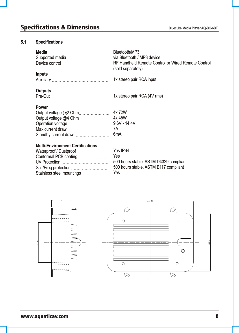 Specifications &amp; Dimensions  Bluecube Media Player AQ-BC-6BTwww.aquaticav.com 85.1 SpecificationsMedia Supported mediaDevice control Inputs AuxiliaryOutputsPre-OutPowerOutput voltage @2 Ohm Output voltage @4 OhmOperation voltageMax current drawStandby current draw Multi-Environment CertificationsWaterproof / Dustproof Conformal PCB coatingUV ProtectionSalt/Frog protectionStainless steel mountings Bluetooth/MP3via Bluetooth / MP3 deviceRF Handheld Remote Control or Wired Remote Control (sold separately)1x stereo pair RCA input1x stereo pair RCA (4V rms) 4x 72W 4x 45W9.6V - 14.4V7A6mAYes IP64Yes500 hours stable. ASTM D4329 compliant500 hours stable. ASTM B117 compliantYes