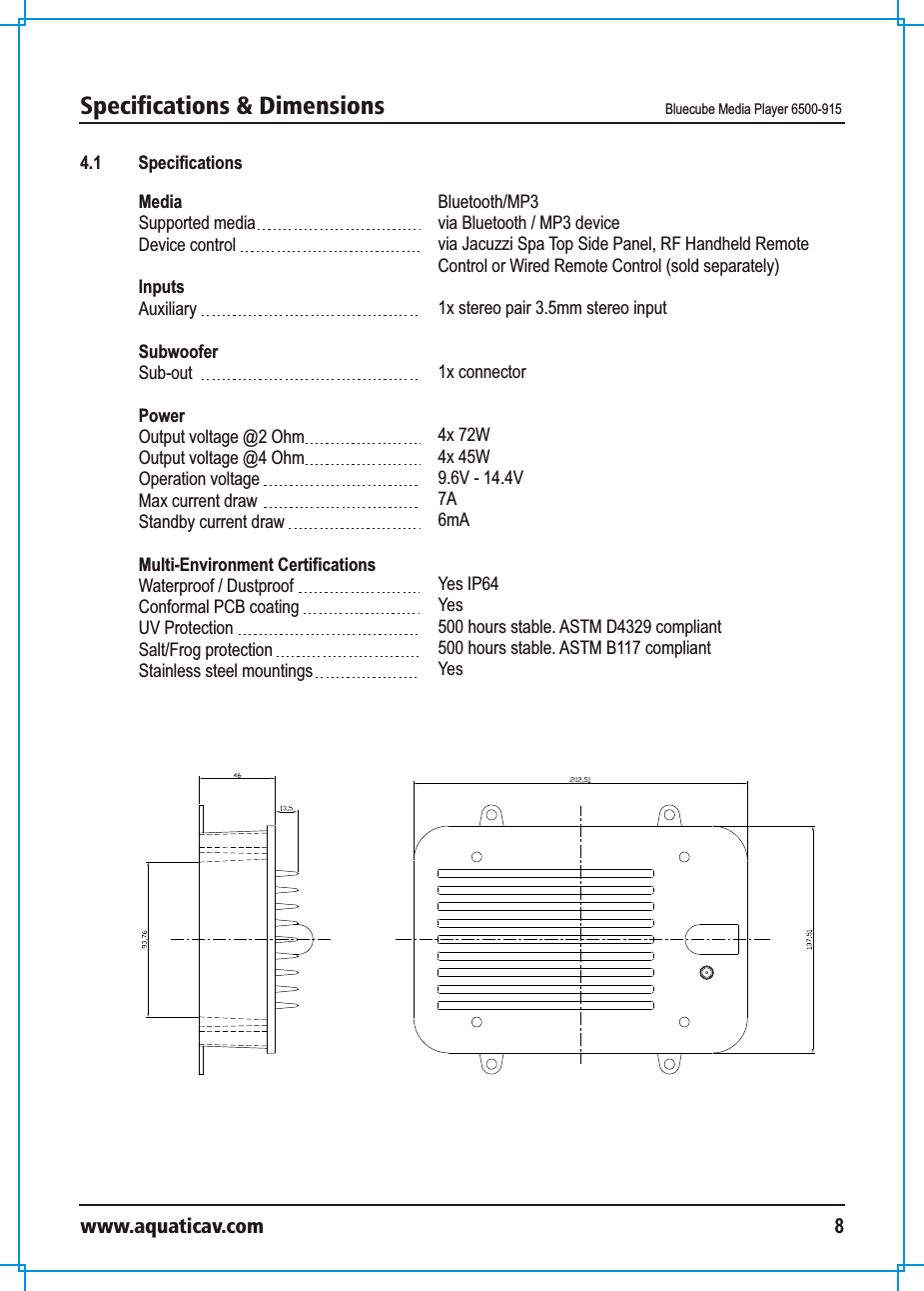 Specifications &amp; Dimensions  Bluecube Media Player 6500-915www.aquaticav.com 84.1 SpecificationsMedia Supported mediaDevice control Inputs AuxiliarySubwoofer Sub-outPowerOutput voltage @2 Ohm Output voltage @4 OhmOperation voltageMax current drawStandby current draw Multi-Environment CertificationsWaterproof / Dustproof Conformal PCB coatingUV ProtectionSalt/Frog protectionStainless steel mountings Bluetooth/MP3via Bluetooth / MP3 devicevia Jacuzzi Spa Top Side Panel, RF Handheld Remote Control or Wired Remote Control (sold separately)1x stereo pair 3.5mm stereo input1x connector 4x 72W 4x 45W9.6V - 14.4V7A6mAYes IP64Yes500 hours stable. ASTM D4329 compliant500 hours stable. ASTM B117 compliantYes