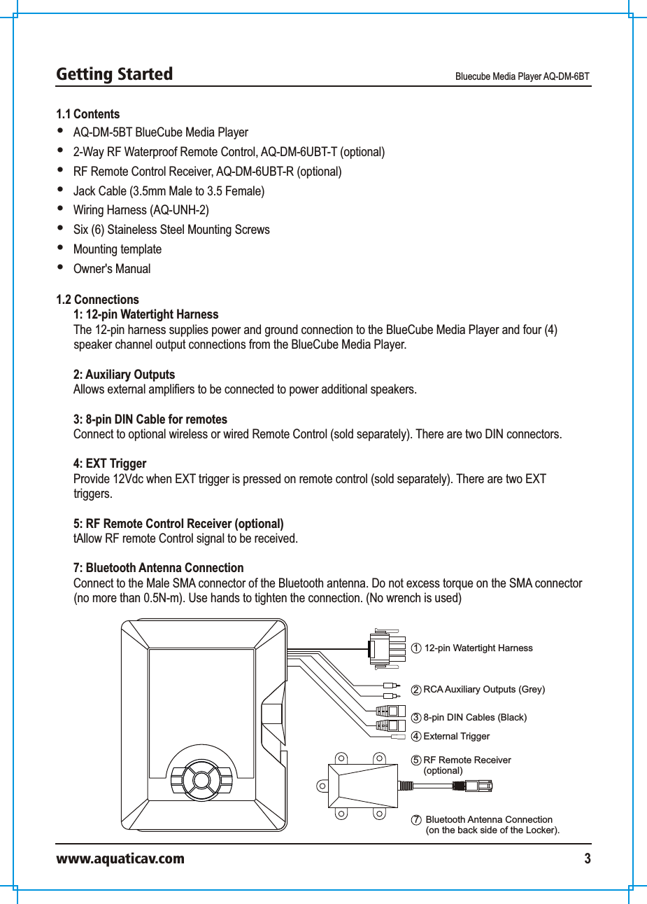 Getting Started Bluecube Media Player AQ-DM-6BTwww.aquaticav.com 31.1 Contents  AQ-DM-5BT BlueCube Media Player2-Way RF Waterproof Remote Control, AQ-DM-6UBT-T (optional)RF Remote Control Receiver, AQ-DM-6UBT-R (optional) Jack Cable (3.5mm Male to 3.5 Female)Wiring Harness (AQ-UNH-2)Six (6) Staineless Steel Mounting ScrewsMounting templateOwner&apos;s Manual 1.2 Connections 1: 12-pin Watertight Harness The 12-pin harness supplies power and ground connection to the BlueCube Media Player and four (4) speaker channel output connections from the BlueCube Media Player. 2: Auxiliary Outputs Allows external amplifiers to be connected to power additional speakers. 3: 8-pin DIN Cable for remotes Connect to optional wireless or wired Remote Control (sold separately). There are two DIN connectors. 4: EXT Trigger Provide 12Vdc when EXT trigger is pressed on remote control (sold separately). There are two EXT triggers.5: RF Remote Control Receiver (optional) tAllow RF remote Control signal to be received. 7: Bluetooth Antenna ConnectionConnect to the Male SMA connector of the Bluetooth antenna. Do not excess torque on the SMA connector (no more than 0.5N-m). Use hands to tighten the connection. (No wrench is used) 12-pin Watertight Harness12RCA Auxiliary Outputs (Grey)348-pin DIN Cables (Black)External Trigger 5RF Remote Receiver (optional)7Bluetooth Antenna Connection(on the back side of the Locker).