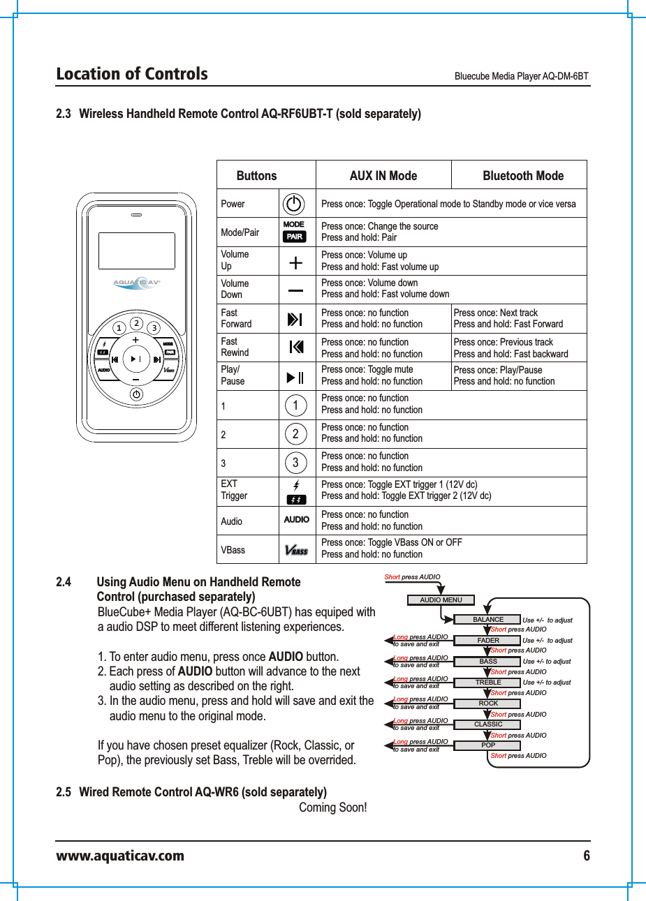 Location of Controls Bluecube Media Player AQ-DM-6BTwww.aquaticav.com 62.3   Wireless Handheld Remote Control AQ-RF6UBT-T (sold separately) 231AUDIO AUDIO MODEMODEPAIRPAIRAUDIO AUDIO MODEMODEPAIRPAIRButtons AUX IN Mode Bluetooth ModePowerMode/PairVolume UpVolume Down23EXT TriggerAudioVBassFastForwardFastRewindPlay/Pause1123Press once: Toggle Operational mode to Standby mode or vice versaPress once: Change the sourcePress and hold: PairPress once: Volume upPress and hold: Fast volume upPress once: Volume downPress and hold: Fast volume downPress once: no functionPress and hold: no functionPress once: Next trackPress and hold: Fast ForwardPress once: no functionPress and hold: no functionPress once: Previous trackPress and hold: Fast backwardPress once: Toggle mutePress and hold: no functionPress once: Play/PausePress and hold: no functionPress once: no functionPress and hold: no functionPress once: no functionPress and hold: no functionPress once: no function Press and hold: no functionPress once: Toggle EXT trigger 1 (12V dc) Press and hold: Toggle EXT trigger 2 (12V dc) Press once: no function Press and hold: no functionPress once: Toggle VBass ON or OFFPress and hold: no function2.5   Wired Remote Control AQ-WR6 (sold separately) Coming Soon!AUDIO MENUShort press AUDIOBALANCE Use +/-  to adjustFADERROCKBASS TREBLEShort press AUDIOUse +/- to adjustUse +/- to adjustCLASSICPOPUse +/-  to adjustShort press AUDIOShort press AUDIOShort press AUDIOShort press AUDIOShort press AUDIO Long press AUDIOto save and exit Short press AUDIOLong press AUDIOto save and exit Long press AUDIOto save and exit Long press AUDIOto save and exit Long press AUDIOto save and exit Long press AUDIOto save and exit 2.4  Using Audio Menu on Handheld Remote Control (purchased separately)BlueCube+ Media Player (AQ-BC-6UBT) has equiped with a audio DSP to meet different listening experiences. 1. To enter audio menu, press once AUDIO button. 2. Each press of AUDIO button will advance to the next audio setting as described on the right. 3. In the audio menu, press and hold will save and exit the audio menu to the original mode. If you have chosen preset equalizer (Rock, Classic, or Pop), the previously set Bass, Treble will be overrided. 