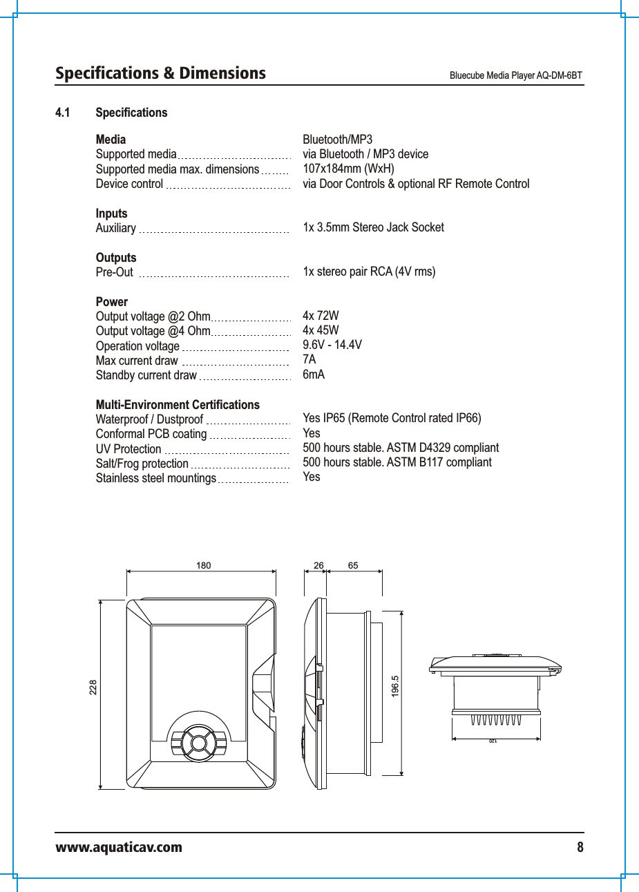 Specifications &amp; Dimensions  Bluecube Media Player AQ-DM-6BTwww.aquaticav.com 84.1 SpecificationsMedia Supported mediaSupported media max. dimensionsDevice control Inputs AuxiliaryOutputsPre-OutPowerOutput voltage @2 Ohm Output voltage @4 OhmOperation voltageMax current drawStandby current draw Multi-Environment CertificationsWaterproof / Dustproof Conformal PCB coatingUV ProtectionSalt/Frog protectionStainless steel mountings Bluetooth/MP3via Bluetooth / MP3 device107x184mm (WxH)via Door Controls &amp; optional RF Remote Control 1x 3.5mm Stereo Jack Socket1x stereo pair RCA (4V rms) 4x 72W 4x 45W9.6V - 14.4V7A6mAYes IP65 (Remote Control rated IP66)Yes500 hours stable. ASTM D4329 compliant500 hours stable. ASTM B117 compliantYes65196.526120180228