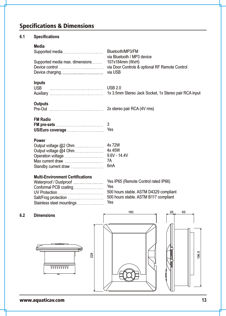 Specifications &amp; Dimensions www.aquaticav.com 136.1 SpecificationsMedia Supported mediaSupported media max. dimensionsDevice control Device chargingInputs USBAuxiliaryOutputsPre-OutFM Radio FM pre-sets US/Euro coveragePowerOutput voltage @2 Ohm Output voltage @4 OhmOperation voltageMax current drawStandby current draw Multi-Environment CertificationsWaterproof / Dustproof Conformal PCB coatingUV ProtectionSalt/Frog protectionStainless steel mountings Bluetooth/MP3/FMvia Bluetooth / MP3 device107x184mm (WxH)via Door Controls &amp; optional RF Remote Control via USBUSB 2.0 1x 3.5mm Stereo Jack Socket, 1x Stereo pair RCA input2x stereo pair RCA (4V rms) 3Yes4x 72W 4x 45W9.6V - 14.4V7A6mAYes IP65 (Remote Control rated IP66)Yes500 hours stable. ASTM D4329 compliant500 hours stable. ASTM B117 compliantYes65196.5261201802286.2 Dimensions