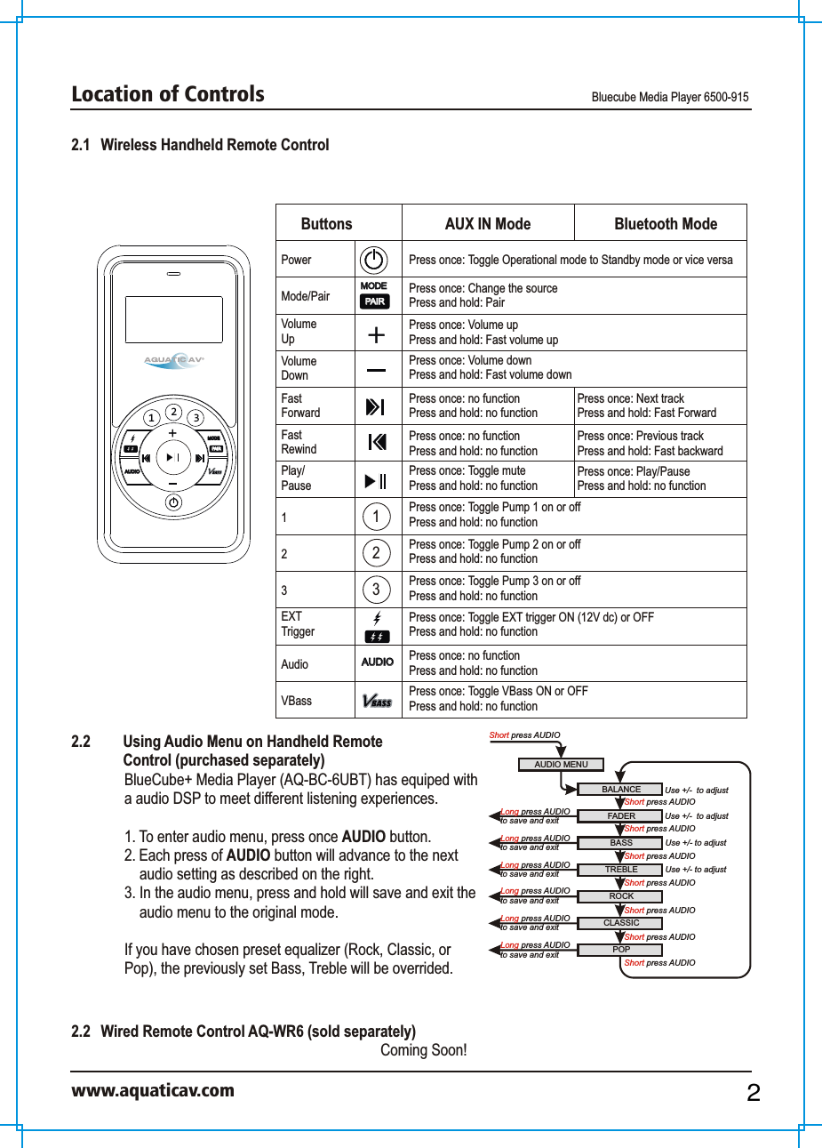 Location of Controls Bluecube Media Player 6500-915www.aquaticav.com2.1   Wireless Handheld Remote Control 231AUDIO AUDIO MODEMODEPAIRPAIRAUDIO AUDIO MODEMODEPAIRPAIRButtons AUX IN Mode Bluetooth ModePowerMode/PairVolume UpVolume Down23EXT TriggerAudioVBassFastForwardFastRewindPlay/Pause1123Press once: Toggle Operational mode to Standby mode or vice versaPress once: Change the sourcePress and hold: PairPress once: Volume upPress and hold: Fast volume upPress once: Volume downPress and hold: Fast volume downPress once: no functionPress and hold: no functionPress once: Next trackPress and hold: Fast ForwardPress once: no functionPress and hold: no functionPress once: Previous trackPress and hold: Fast backwardPress once: Toggle mutePress and hold: no functionPress once: Play/PausePress and hold: no functionPress once: Toggle Pump 1 on or offPress and hold: no functionPress once: Toggle Pump 2 on or offPress and hold: no functionPress once: Toggle Pump 3 on or offPress and hold: no functionPress once: Toggle EXT trigger ON (12V dc) or OFF Press and hold: no functionPress once: no function Press and hold: no functionPress once: Toggle VBass ON or OFFPress and hold: no function2.2   Wired Remote Control AQ-WR6 (sold separately) Coming Soon!AUDIO MENUShort press AUDIOBALANCE Use +/-  to adjustFADERROCKBASS TREBLEShort press AUDIOUse +/- to adjustUse +/- to adjustCLASSICPOPUse +/-  to adjustShort press AUDIOShort press AUDIOShort press AUDIOShort press AUDIOShort press AUDIO Long press AUDIOto save and exit Short press AUDIOLong press AUDIOto save and exit Long press AUDIOto save and exit Long press AUDIOto save and exit Long press AUDIOto save and exit Long press AUDIOto save and exit 2.2  Using Audio Menu on Handheld Remote Control (purchased separately)BlueCube+ Media Player (AQ-BC-6UBT) has equiped with a audio DSP to meet different listening experiences. 1. To enter audio menu, press once AUDIO button. 2. Each press of AUDIO button will advance to the next audio setting as described on the right. 3. In the audio menu, press and hold will save and exit the audio menu to the original mode. If you have chosen preset equalizer (Rock, Classic, or Pop), the previously set Bass, Treble will be overrided. 2