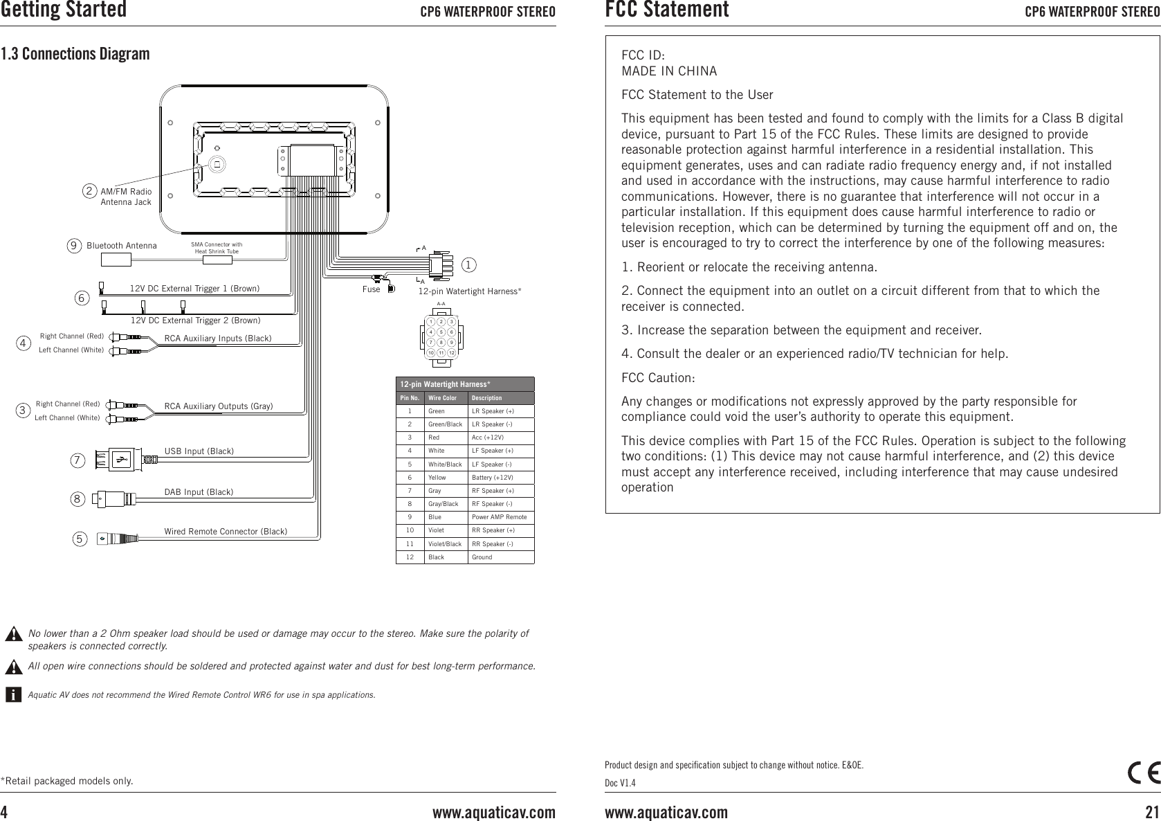 1.3 Connections DiagramAll open wire connections should be soldered and protected against water and dust for best long-term performance.No lower than a 2 Ohm speaker load should be used or damage may occur to the stereo. Make sure the polarity of speakers is connected correctly.Aquatic AV does not recommend the Wired Remote Control WR6 for use in spa applications.*Retail packaged models only.Product design and speciﬁcation subject to change without notice. E&amp;OE.Doc V1.4147102A- A581136912AA12-pin Watertight Harness*Pin No. Wire Color Description1 Green LR Speaker (+)2 Green/Black LR Speaker (-)3 Red Acc (+12V)4 White LF Speaker (+)5 White/Black LF Speaker (-)6 Yellow Battery (+12V)7 Gray RF Speaker (+)8 Gray/Black RF Speaker (-)9 Blue Power AMP Remote10 Violet RR Speaker (+)11 Violet/Black RR Speaker (-)12 Black GroundBluetooth Antenna129643785AM/FM Radio Antenna Jack12V DC External Trigger 1 (Brown)12V DC External Trigger 2 (Brown)RCA Auxiliary Inputs (Black)RCA Auxiliary Outputs (Gray)USB Input (Black)DAB Input (Black)Wired Remote Connector (Black)12-pin Watertight Harness*FuseRight Channel (Red)Left Channel (White)Right Channel (Red)Left Channel (White)SMA Connector with Heat Shrink Tube  FCC ID:  MADE IN CHINA FCC Statement to the UserThis equipment has been tested and found to comply with the limits for a Class B digital device, pursuant to Part 15 of the FCC Rules. These limits are designed to provide reasonable protection against harmful interference in a residential installation. This equipment generates, uses and can radiate radio frequency energy and, if not installed and used in accordance with the instructions, may cause harmful interference to radio communications. However, there is no guarantee that interference will not occur in a particular installation. If this equipment does cause harmful interference to radio or television reception, which can be determined by turning the equipment off and on, the user is encouraged to try to correct the interference by one of the following measures: 1. Reorient or relocate the receiving antenna. 2. Connect the equipment into an outlet on a circuit different from that to which the receiver is connected. 3. Increase the separation between the equipment and receiver. 4. Consult the dealer or an experienced radio/TV technician for help. FCC Caution: Any changes or modiﬁcations not expressly approved by the party responsible for compliance could void the user’s authority to operate this equipment. This device complies with Part 15 of the FCC Rules. Operation is subject to the following two conditions: (1) This device may not cause harmful interference, and (2) this device must accept any interference received, including interference that may cause undesired operationGetting Started CP6 WATERPROOF STEREO FCC Statement CP6 WATERPROOF STEREO21www.aquaticav.comwww.aquaticav.com4