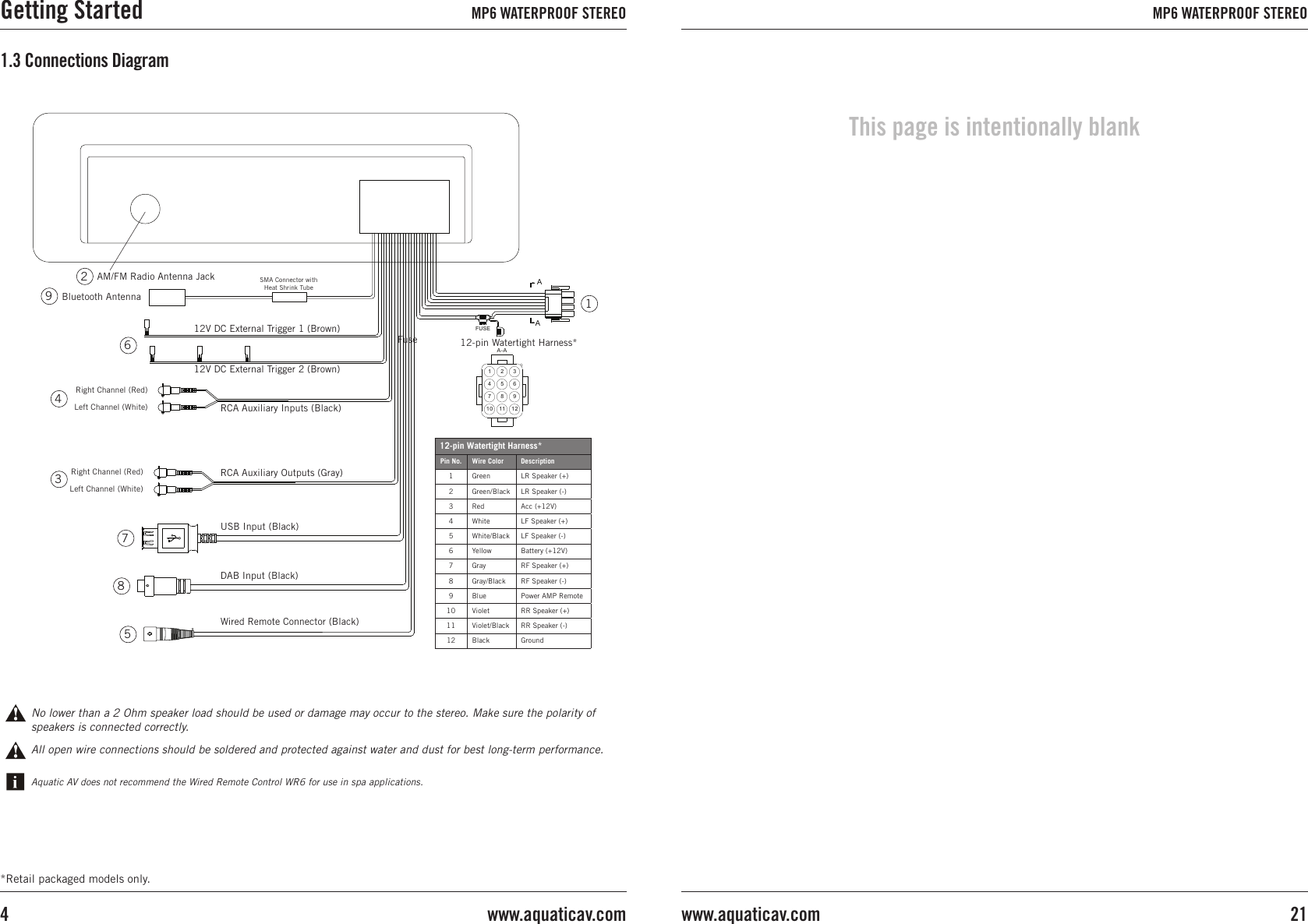 1.3 Connections DiagramAll open wire connections should be soldered and protected against water and dust for best long-term performance.No lower than a 2 Ohm speaker load should be used or damage may occur to the stereo. Make sure the polarity of speakers is connected correctly.Aquatic AV does not recommend the Wired Remote Control WR6 for use in spa applications.*Retail packaged models only.147102A- A581136912AAFUSEAM/FM Radio Antenna Jack12-pin Watertight Harness*Pin No. Wire Color Description1 Green LR Speaker (+)2 Green/Black LR Speaker (-)3 Red Acc (+12V)4 White LF Speaker (+)5 White/Black LF Speaker (-)6 Yellow Battery (+12V)7 Gray RF Speaker (+)8 Gray/Black RF Speaker (-)9 Blue Power AMP Remote10 Violet RR Speaker (+)11 Violet/Black RR Speaker (-)12 Black Ground12V DC External Trigger 1 (Brown)12V DC External Trigger 2 (Brown)RCA Auxiliary Inputs (Black)RCA Auxiliary Outputs (Gray)USB Input (Black)DAB Input (Black)Wired Remote Connector (Black)12-pin Watertight Harness*FuseRight Channel (Red)Left Channel (White)Right Channel (Red)Left Channel (White)12435678Bluetooth Antenna9SMA Connector with Heat Shrink Tube  Getting Started MP6 WATERPROOF STEREO MP6 WATERPROOF STEREO21www.aquaticav.comThis page is intentionally blankwww.aquaticav.com4