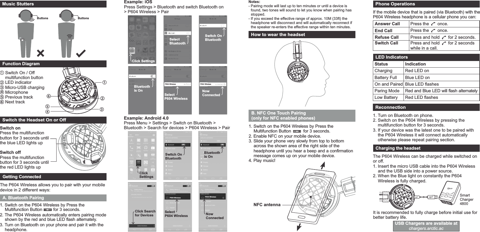Example: Android 4.0Press Menu &gt; Settings &gt; Switch on Bluetooth &gt; Bluetooth &gt; Search for devices &gt; P604 Wireless &gt; Pair  Notes:  - Pairing mode will last up to ten minutes or until a device is found, two tones will sound to let you know when pairing has stopped.  - If you exceed the effective range of approx. 10M (33ft) the headphone will disconnect and will automatically reconnect if the speaker re-enters the effective range within ten minutes. Phone OperationsIf the mobile device that is paired (via Bluetooth) with the P604 Wireless headphone is a cellular phone you can:LED IndicatorsStatusChargingBattery Full On and PairedParing ModeLow BatteryIndicationRed LED onBlue LED onBlue LED flashes Red and Blue LED will flash alternatelyRed LED flashesReconnection1. Turn on Bluetooth on phone.2. Switch on the P604 Wireless by pressing the     multifunction button for 3 seconds.3. If your device was the latest one to be paired with     the P604 Wireless it will connect automatically     otherwise please repeat pairing section.Answer Call Press the       once.End Call Press the       once.Refuse Call Press and hold for 2 seconds.       Switch Call Press and hold for 2 seconds while in a call.       OFFSwitch On BluetoothONSelectP604 WirelessP604 WirelessONClick Searchfor DevicesClickSettingsONBluetoothis OnONNowConnectedP604 WirelessSelectBluetoothClick SettingsBluetoothis OnSelect P604 WirelessP604 WirelessSwitch On BluetoothNowConnectedP604 WirelessExample: iOSPress Settings &gt; Bluetooth and switch Bluetooth on &gt; P604 Wireless &gt; PairSwitch onPress the multifunction button for 3 seconds until the blue LED lights upSwitch offPress the multifunction button for 3 seconds until the red LED lights upFunction DiagramGetting ConnectedThe P604 Wireless allows you to pair with your mobile device in 2 different ways:Charging the headsetIt is recommended to fully charge before initial use for better battery life.USB Chargers are available atchargers.arctic.acThe P604 Wireless can be charged while switched on or off.  1. Insert the micro USB cable into the P604 Wireless and the USB side into a power source.2. When the Blue light on constantly the P604 Wireless is fully charged.Music Stutters456Switch On / Off multifunction buttonLED indicatorMicro-USB charging MicrophonePrevious trackNext trackSmart Charger48001. Switch on the P604 Wireless by Press the Multifunction Button         for 3 seconds.2. The P604 Wireless automatically enters pairing mode shown by the red and blue LED flash alternately. 3. Turn on Bluetooth on your phone and pair it with the headphone.A. Bluetooth Pairing1. Switch on the P604 Wireless by Press the Multifunction Button          for 3 seconds.2. Enable NFC on your mobile device. 3. Slide your phone very slowly from top to bottom across the shown area of the right side of the headphone until you hear a beep and a confirmation message comes up on your mobile device.4. Play music!B. NFC One Touch Pairing (only for NFC enabled phones)NFC antennaHow to wear the headsetSwitch the Headset On or Off ButtonsButtons