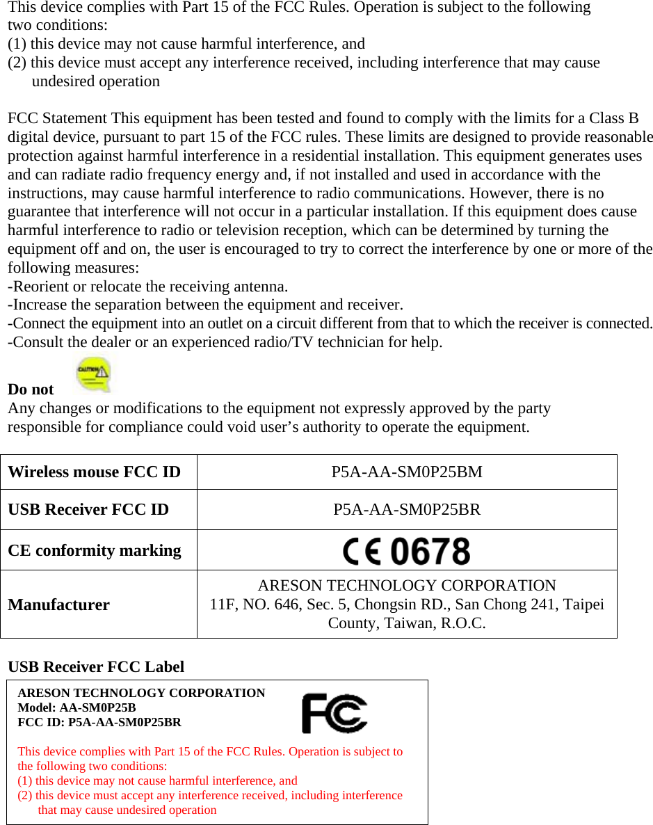 This device complies with Part 15 of the FCC Rules. Operation is subject to the following two conditions:   (1) this device may not cause harmful interference, and (2) this device must accept any interference received, including interference that may cause  undesired operation  FCC Statement This equipment has been tested and found to comply with the limits for a Class B digital device, pursuant to part 15 of the FCC rules. These limits are designed to provide reasonable protection against harmful interference in a residential installation. This equipment generates uses and can radiate radio frequency energy and, if not installed and used in accordance with the instructions, may cause harmful interference to radio communications. However, there is no guarantee that interference will not occur in a particular installation. If this equipment does cause harmful interference to radio or television reception, which can be determined by turning the equipment off and on, the user is encouraged to try to correct the interference by one or more of the following measures:   -Reorient or relocate the receiving antenna. -Increase the separation between the equipment and receiver.   -Connect the equipment into an outlet on a circuit different from that to which the receiver is connected. -Consult the dealer or an experienced radio/TV technician for help. Do not     Any changes or modifications to the equipment not expressly approved by the party responsible for compliance could void user’s authority to operate the equipment.  Wireless mouse FCC ID  P5A-AA-SM0P25BM USB Receiver FCC ID  P5A-AA-SM0P25BR CE conformity marking Manufacturer ARESON TECHNOLOGY CORPORATION 11F, NO. 646, Sec. 5, Chongsin RD., San Chong 241, Taipei County, Taiwan, R.O.C.  USB Receiver FCC Label ARESON TECHNOLOGY CORPORATION Model: AA-SM0P25B FCC ID: P5A-AA-SM0P25BR  This device complies with Part 15 of the FCC Rules. Operation is subject to the following two conditions:   (1) this device may not cause harmful interference, and (2) this device must accept any interference received, including interference   that may cause undesired operation 