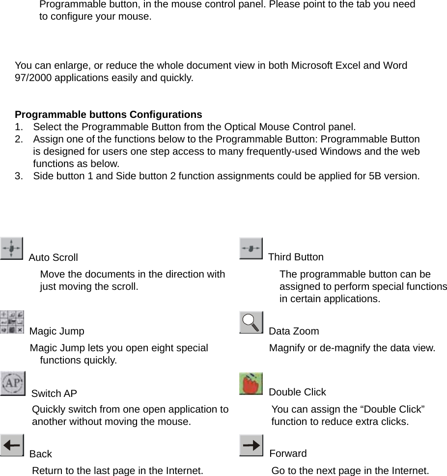 Programmable button, in the mouse control panel. Please point to the tab you need to configure your mouse.    You can enlarge, or reduce the whole document view in both Microsoft Excel and Word 97/2000 applications easily and quickly.   Programmable buttons Configurations 1.  Select the Programmable Button from the Optical Mouse Control panel. 2.  Assign one of the functions below to the Programmable Button: Programmable Button is designed for users one step access to many frequently-used Windows and the web functions as below. 3.  Side button 1 and Side button 2 function assignments could be applied for 5B version.      Auto Scroll         Move the documents in the direction with just moving the scroll.  Third Button         The programmable button can be assigned to perform special functions in certain applications.  Magic Jump             Magic Jump lets you open eight special functions quickly.  Data Zoom Magnify or de-magnify the data view.  Switch AP Quickly switch from one open application to another without moving the mouse.  Double Click You can assign the “Double Click” function to reduce extra clicks.  Back Return to the last page in the Internet.  Forward Go to the next page in the Internet.  