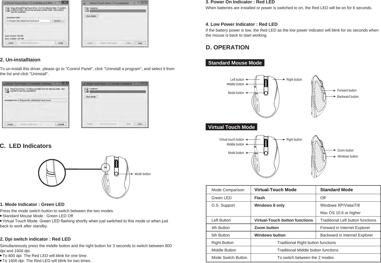 4. Low Power Indicator : Red LEDIf the battery power is low, the Red LED as the low power indicator will blink for six seconds when the mouse is back to start working.Virtual Touch ModeMode buttonC.  LED Indicators3. Power On Indicator : Red LEDWhen batteries are installed or power is switched to on, the Red LED will be on for 6 seconds.D. OPERATIONStandard Mouse ModeRight buttonMiddle buttonMode buttonVirtual touch buttonZoom buttonWindows buttonRight buttonMiddle buttonMode buttonLeft buttonBackward buttonForward button2. Dpi switch indicator : Red LEDSimultaneously press the middle button and the right button for 3 seconds to switch between 800 dpi and 1600 dpi. To 800 dpi: The Red LED will blink for one time. To 1600 dpi: The Red LED will blink for two times.1. Mode Indicator : Green LEDPress the mode switch button to switch between the two modes. Standard Mouse Mode : Green LED Off Virtual Touch Mode: Green LED flashing shortly when just switched to this mode or when just back to work after standby.Green LEDO.S. SupportLeft Button4th Button5th ButtonRight ButtonMiddle ButtonMode Switch ButtonFlashWindows 8 only Virtual-Touch button functionsZoom buttonWindows buttonOffWindows XP/Vista/7/8Mac OS 10.6 or higherTraditional Left button functionsForward in Internet ExplorerBackward in Internet ExplorerMode ComparisonVirtual-Touch Mode Standard ModeTraditional Right button functionsTraditional Middle button functionsTo switch between the 2 modes2. Un-installtaionTo un-install this driver, please go to &quot;Control Panel&quot;, click &quot;Uninstall a program&quot;, and select it from the list and click &quot;Uninstall&quot;.