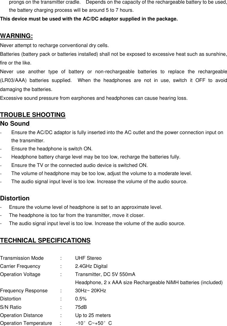 Page 7 of ARKON ELECTRONICS DHP381A-001T 2.4GHz Digital Headphone User Manual DHP380