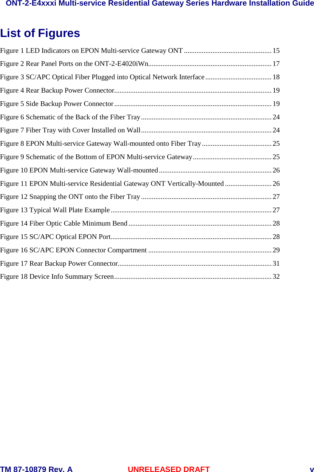  ONT-2-E4xxxi Multi-service Residential Gateway Series Hardware Installation Guide  TM 87-10879 Rev. A UNRELEASED DRAFT    v List of Figures Figure 1 LED Indicators on EPON Multi-service Gateway ONT ................................................. 15 Figure 2 Rear Panel Ports on the ONT-2-E4020iWn..................................................................... 17 Figure 3 SC/APC Optical Fiber Plugged into Optical Network Interface ..................................... 18 Figure 4 Rear Backup Power Connector ........................................................................................ 19 Figure 5 Side Backup Power Connector ........................................................................................ 19 Figure 6 Schematic of the Back of the Fiber Tray ......................................................................... 24 Figure 7 Fiber Tray with Cover Installed on Wall ......................................................................... 24 Figure 8 EPON Multi-service Gateway Wall-mounted onto Fiber Tray ....................................... 25 Figure 9 Schematic of the Bottom of EPON Multi-service Gateway ............................................ 25 Figure 10 EPON Multi-service Gateway Wall-mounted ............................................................... 26 Figure 11 EPON Multi-service Residential Gateway ONT Vertically-Mounted .......................... 26 Figure 12 Snapping the ONT onto the Fiber Tray ......................................................................... 27 Figure 13 Typical Wall Plate Example .......................................................................................... 27 Figure 14 Fiber Optic Cable Minimum Bend ................................................................................ 28 Figure 15 SC/APC Optical EPON Port .......................................................................................... 28 Figure 16 SC/APC EPON Connector Compartment ..................................................................... 29 Figure 17 Rear Backup Power Connector ...................................................................................... 31 Figure 18 Device Info Summary Screen ........................................................................................ 32  