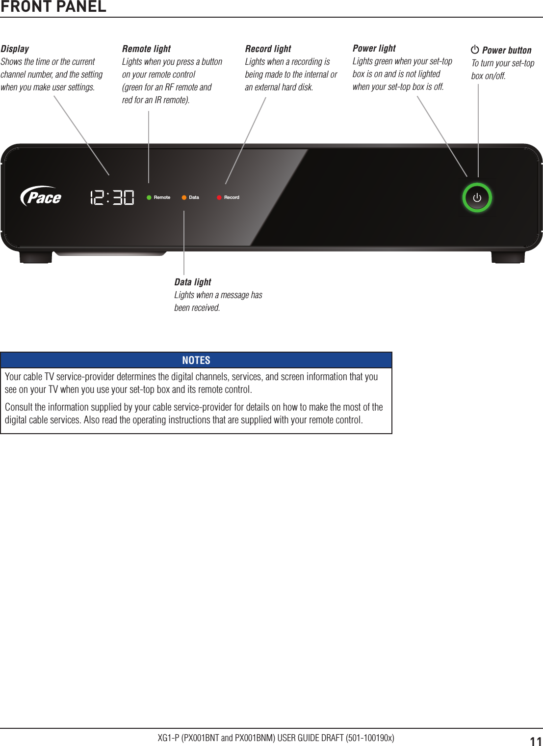 11XG1-P (PX001BNT and PX001BNM) USER GUIDE DRAFT (501-100190x)FRONT PANELRemote Data Record Power button To turn your set-top box on/off.Power light Lights green when your set-top box is on and is not lighted when your set-top box is off. Display Shows the time or the current channel number, and the setting when you make user settings.Remote light Lights when you press a button on your remote control  (green for an RF remote and red for an IR remote). Record light Lights when a recording is being made to the internal or an external hard disk. Data light Lights when a message has been received. NOTESYour cable TV service-provider determines the digital channels, services, and screen information that you see on your TV when you use your set-top box and its remote control.Consult the information supplied by your cable service-provider for details on how to make the most of the digital cable services. Also read the operating instructions that are supplied with your remote control.