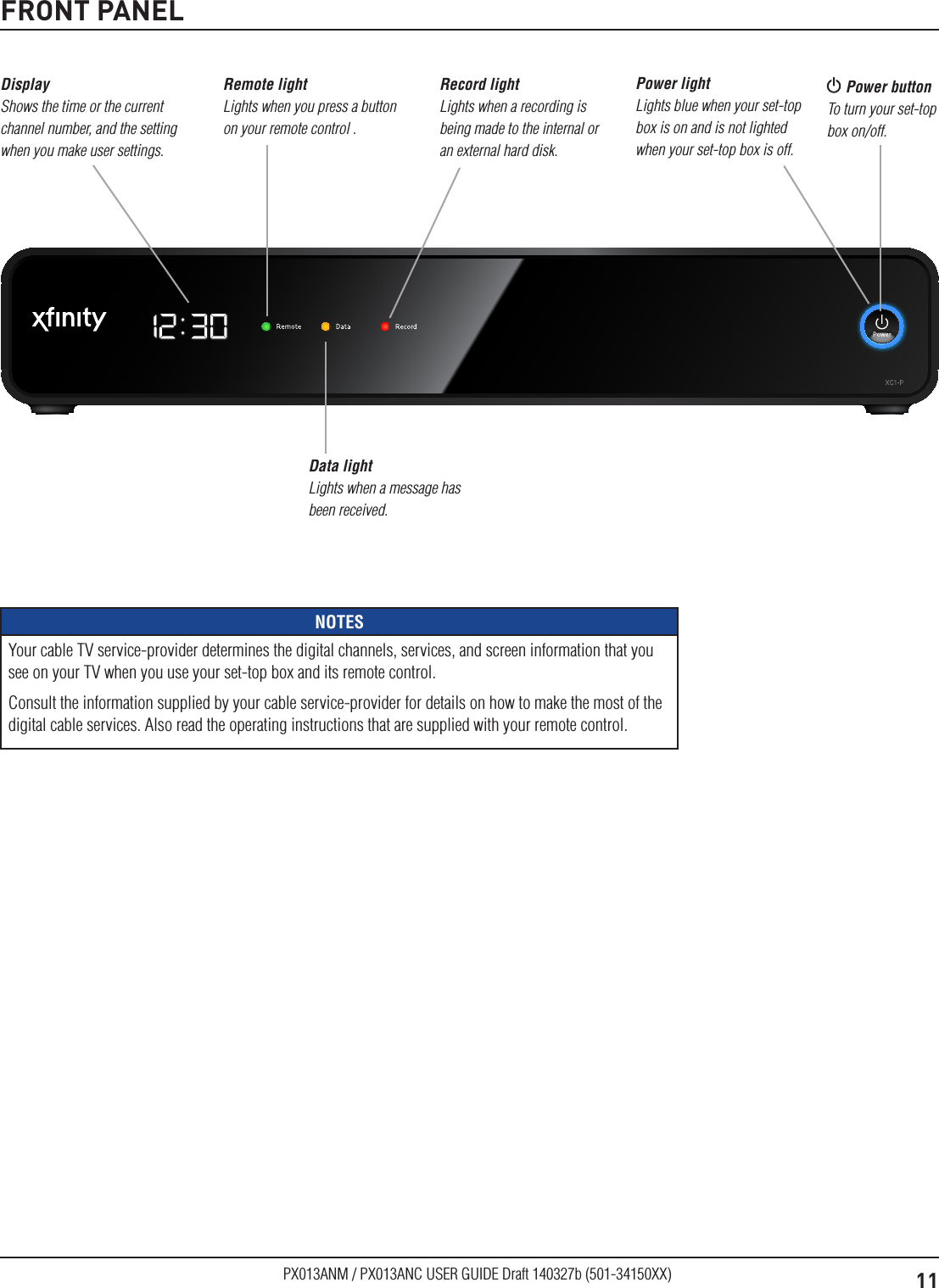 11PX013ANM / PX013ANC USER GUIDE Draft 140327b (501-34150XX)FRONT PANEL Power button To turn your set-top box on/off.Power light Lights blue when your set-top box is on and is not lighted when your set-top box is off. Display Shows the time or the current channel number, and the setting when you make user settings.Remote light Lights when you press a button on your remote control . Record light Lights when a recording is being made to the internal or an external hard disk. Data light Lights when a message has been received. NOTESYour cable TV service-provider determines the digital channels, services, and screen information that you see on your TV when you use your set-top box and its remote control.Consult the information supplied by your cable service-provider for details on how to make the most of the digital cable services. Also read the operating instructions that are supplied with your remote control.