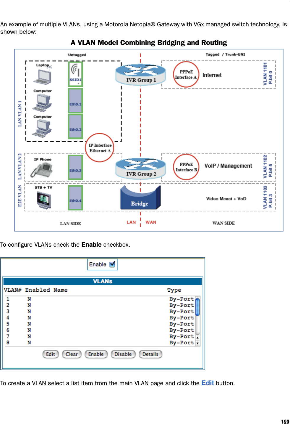109An example of multiple VLANs, using a Motorola Netopia® Gateway with VGx managed switch technology, is shown below:A VLAN Model Combining Bridging and RoutingTo conﬁgure VLANs check the Enable checkbox.To create a VLAN select a list item from the main VLAN page and click the Edit button.