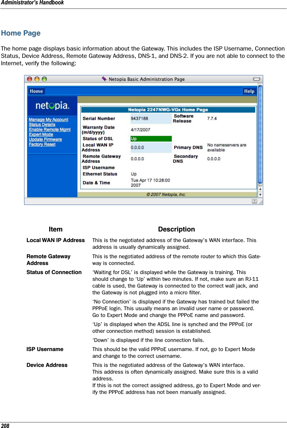 Administrator’s Handbook208Home PageThe home page displays basic information about the Gateway. This includes the ISP Username, Connection Status, Device Address, Remote Gateway Address, DNS-1, and DNS-2. If you are not able to connect to the Internet, verify the following:Item DescriptionLocal WAN IP Address This is the negotiated address of the Gateway’s WAN interface. This address is usually dynamically assigned.Remote Gateway AddressThis is the negotiated address of the remote router to which this Gate-way is connected.Status of Connection ‘Waiting for DSL’ is displayed while the Gateway is training. This should change to ‘Up’ within two minutes. If not, make sure an RJ-11 cable is used, the Gateway is connected to the correct wall jack, and the Gateway is not plugged into a micro ﬁlter.‘No Connection’ is displayed if the Gateway has trained but failed the PPPoE login. This usually means an invalid user name or password. Go to Expert Mode and change the PPPoE name and password.‘Up’ is displayed when the ADSL line is synched and the PPPoE (or other connection method) session is established.‘Down’ is displayed if the line connection fails.ISP Username This should be the valid PPPoE username. If not, go to Expert Mode and change to the correct username.Device Address This is the negotiated address of the Gateway’s WAN interface. This address is often dynamically assigned. Make sure this is a valid address.If this is not the correct assigned address, go to Expert Mode and ver-ify the PPPoE address has not been manually assigned.