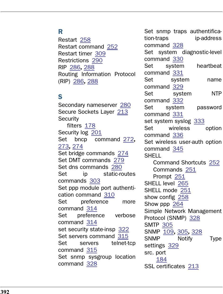 392RRestart 258Restart command 252Restart timer 309Restrictions 290RIP 286, 288Routing Information Protocol(RIP) 286, 288SSecondary nameserver 280Secure Sockets Layer 213Securityfilters 178Security log 201Set bncp command 272,273, 274Set bridge commands 274Set DMT commands 279Set dns commands 280Set ip static-routescommands 303Set ppp module port authenti-cation command 310Set preference morecommand 314Set preference verbosecommand 314set security state-insp 322Set servers command 315Set servers telnet-tcpcommand 315Set snmp sysgroup locationcommand 328Set snmp traps authentifica-tion-traps ip-addresscommand 328Set system diagnostic-levelcommand 330Set system heartbeatcommand 331Set system namecommand 329Set system NTPcommand 332Set system passwordcommand 331set system syslog 333Set wireless optioncommand 336Set wireless user-auth optioncommand 345SHELLCommand Shortcuts 252Commands 251Prompt 251SHELL level 265SHELL mode 251show config 258Show ppp 264Simple Network ManagementProtocol (SNMP) 328SMTP 305SNMP 109, 305, 328SNMP Notify Typesettings 329src. port184SSL certificates 213